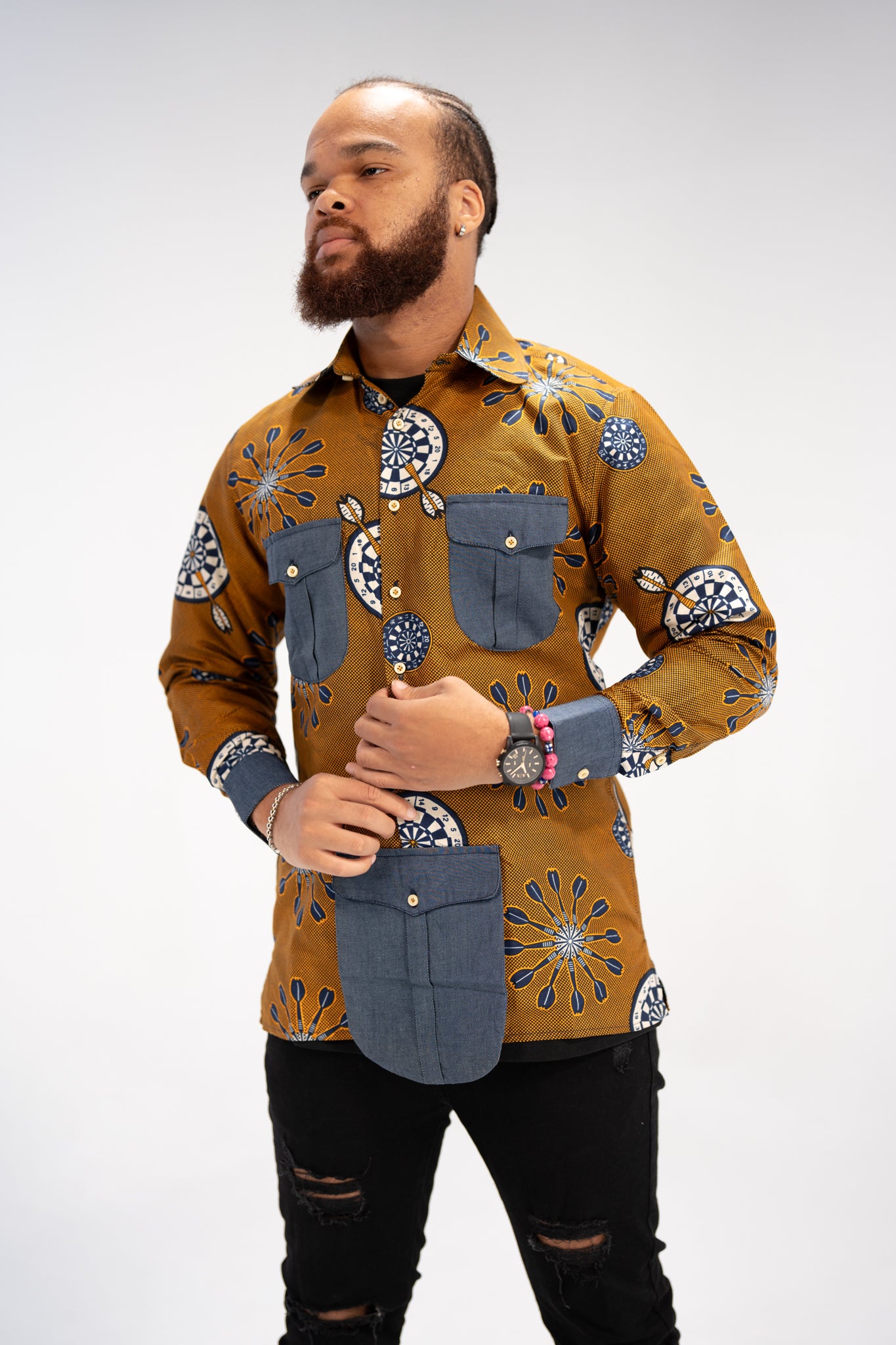 Kalu Men's African Print Shirt (Print on Denim)