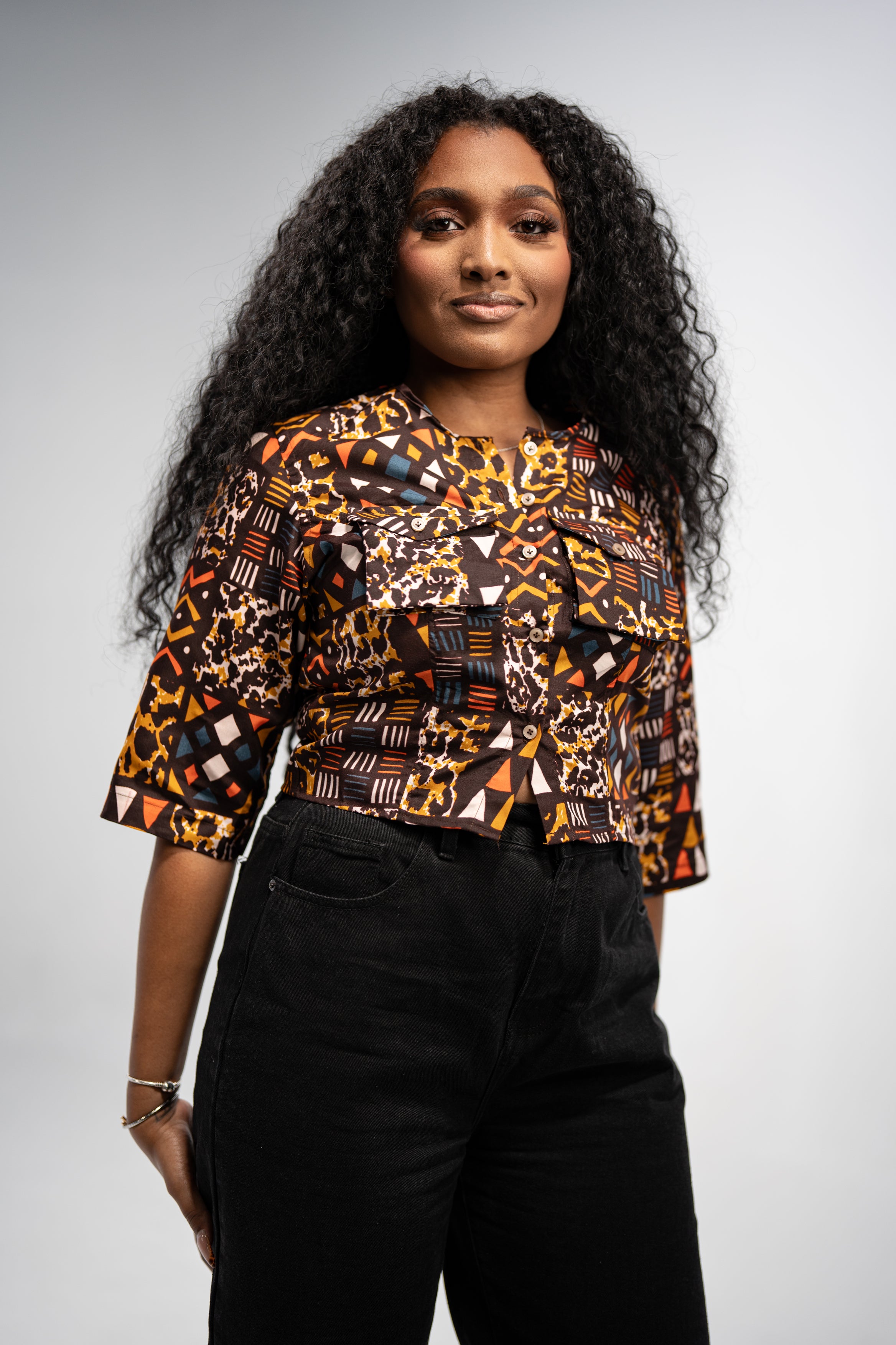 Sola Women's African Print Button-Up Shirt (Abstract Geometric)