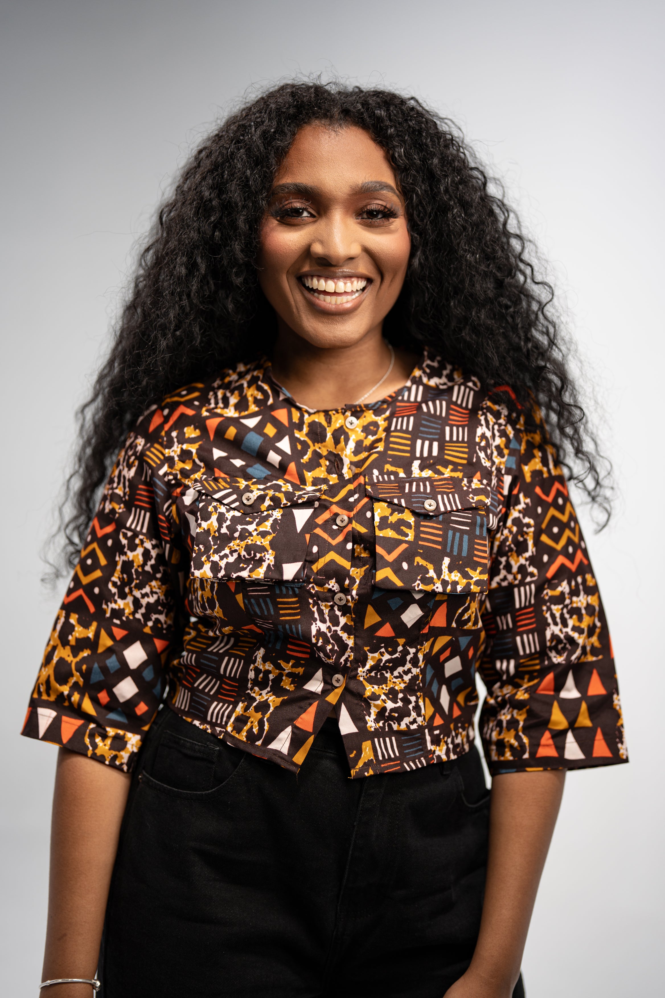 Sola Women's African Print Button-Up Shirt (Abstract Geometric)