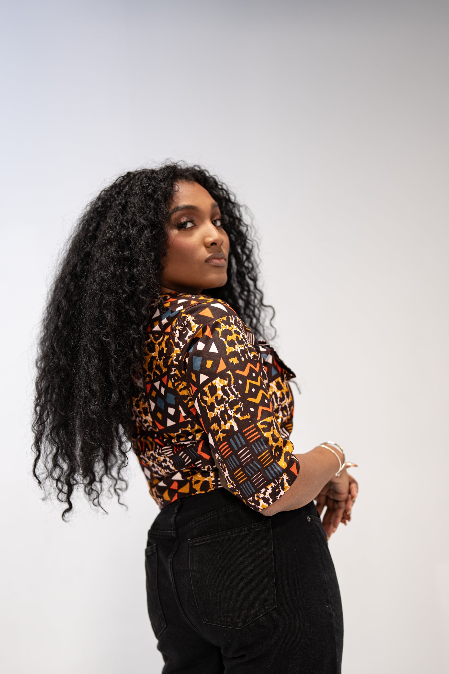 Sola Women's African Print Button-Up Shirt (Abstract Geometric)