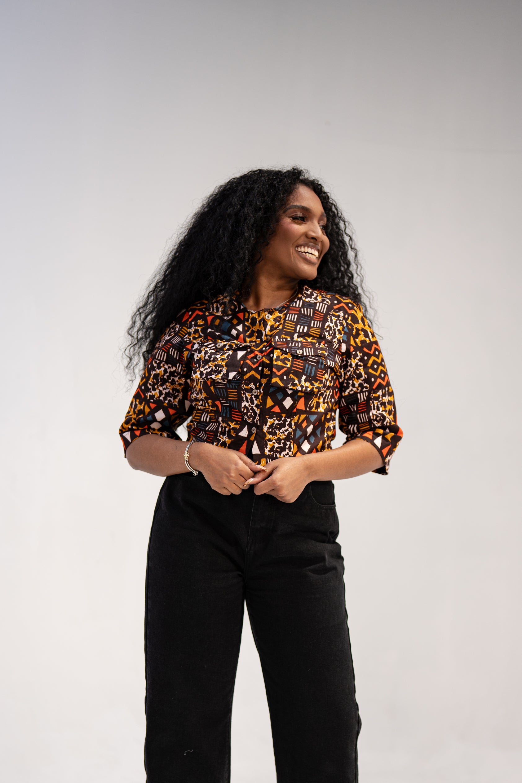 Sola Women's African Print Button-Up Shirt (Abstract Geometric)