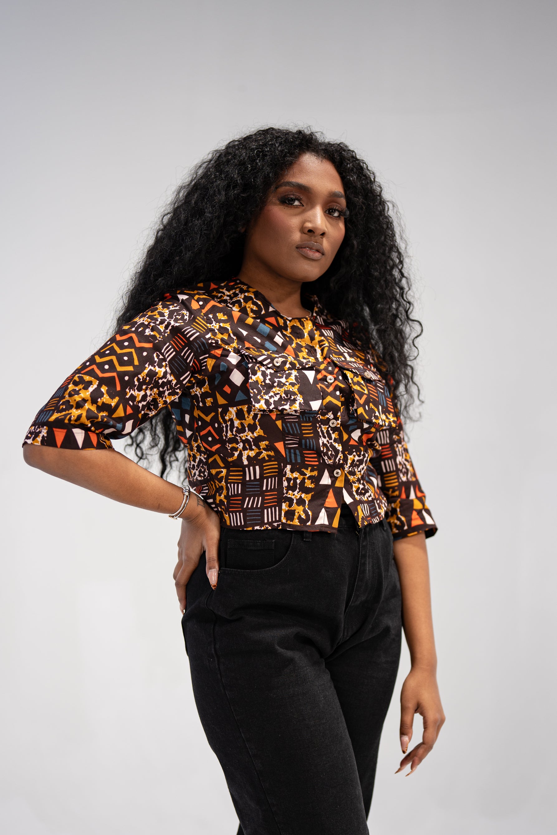 Sola Women's African Print Button-Up Shirt (Abstract Geometric)