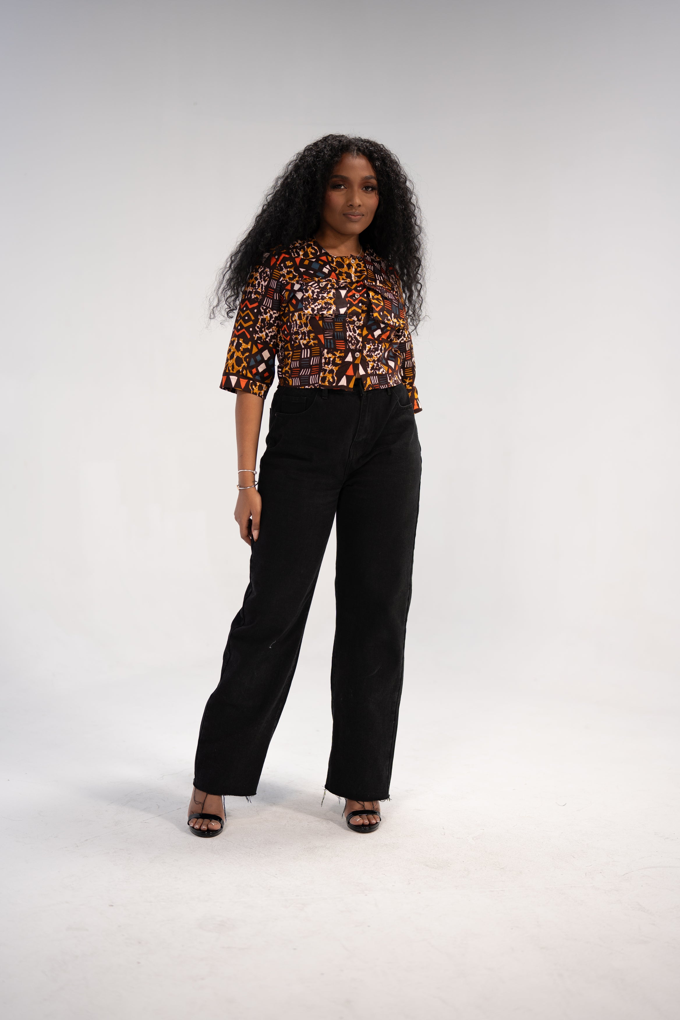 Sola Women's African Print Button-Up Shirt (Abstract Geometric)