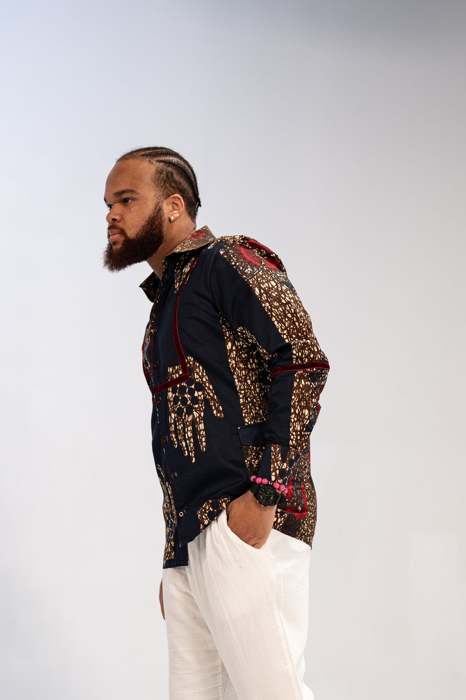 Azu Men’s African Print Shirt (Navy Red Multipattern)