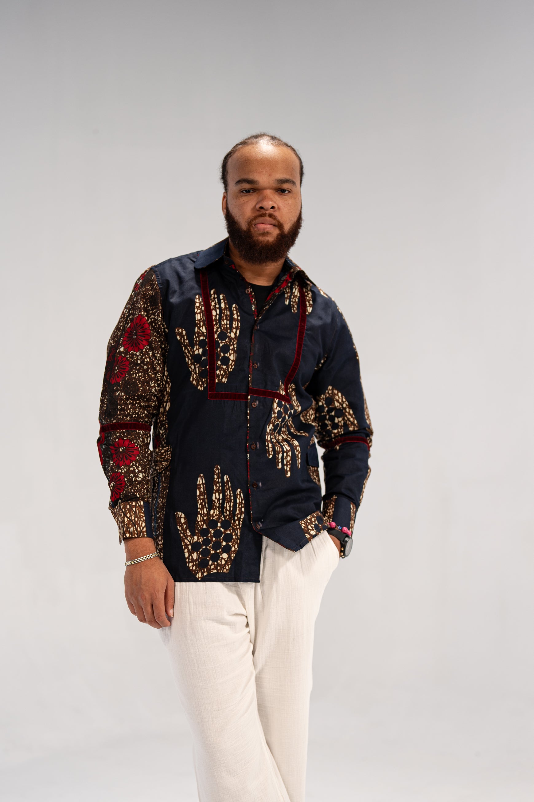 Azu Men’s African Print Shirt (Navy Red Multipattern)