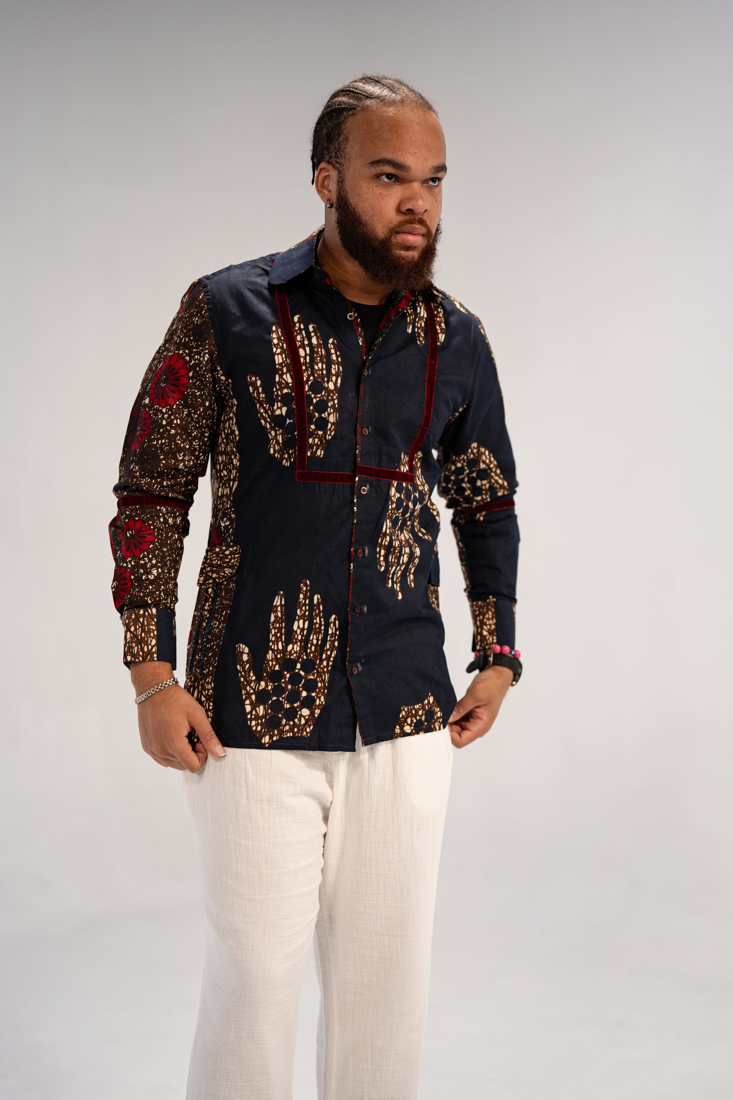 Azu Men’s African Print Shirt (Navy Red Multipattern)