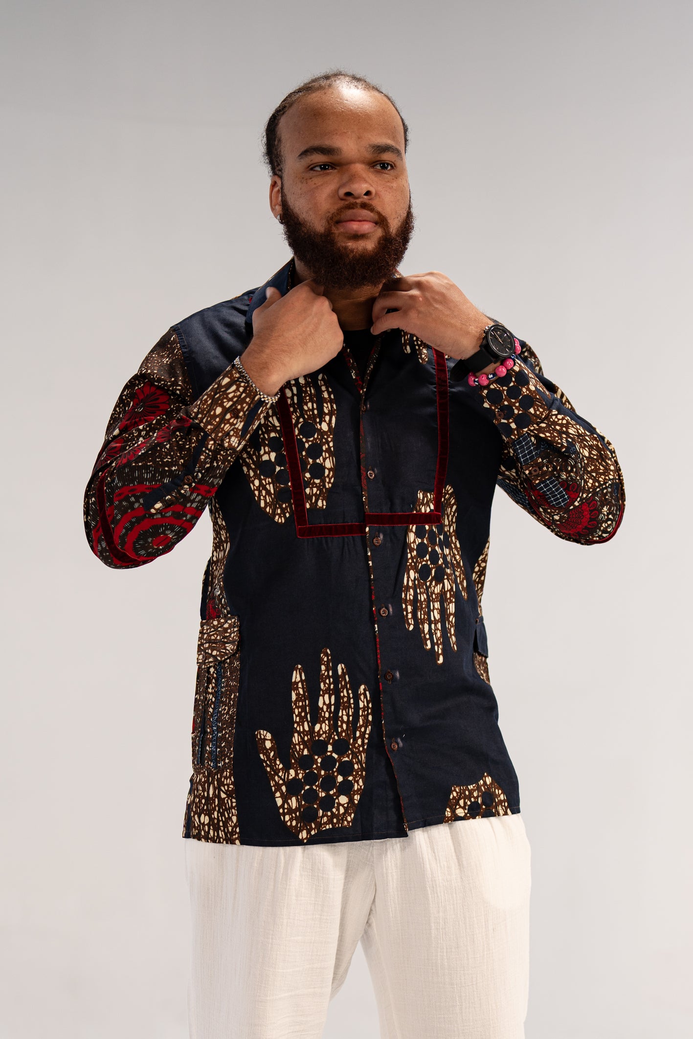 Azu Men’s African Print Shirt (Navy Red Multipattern)