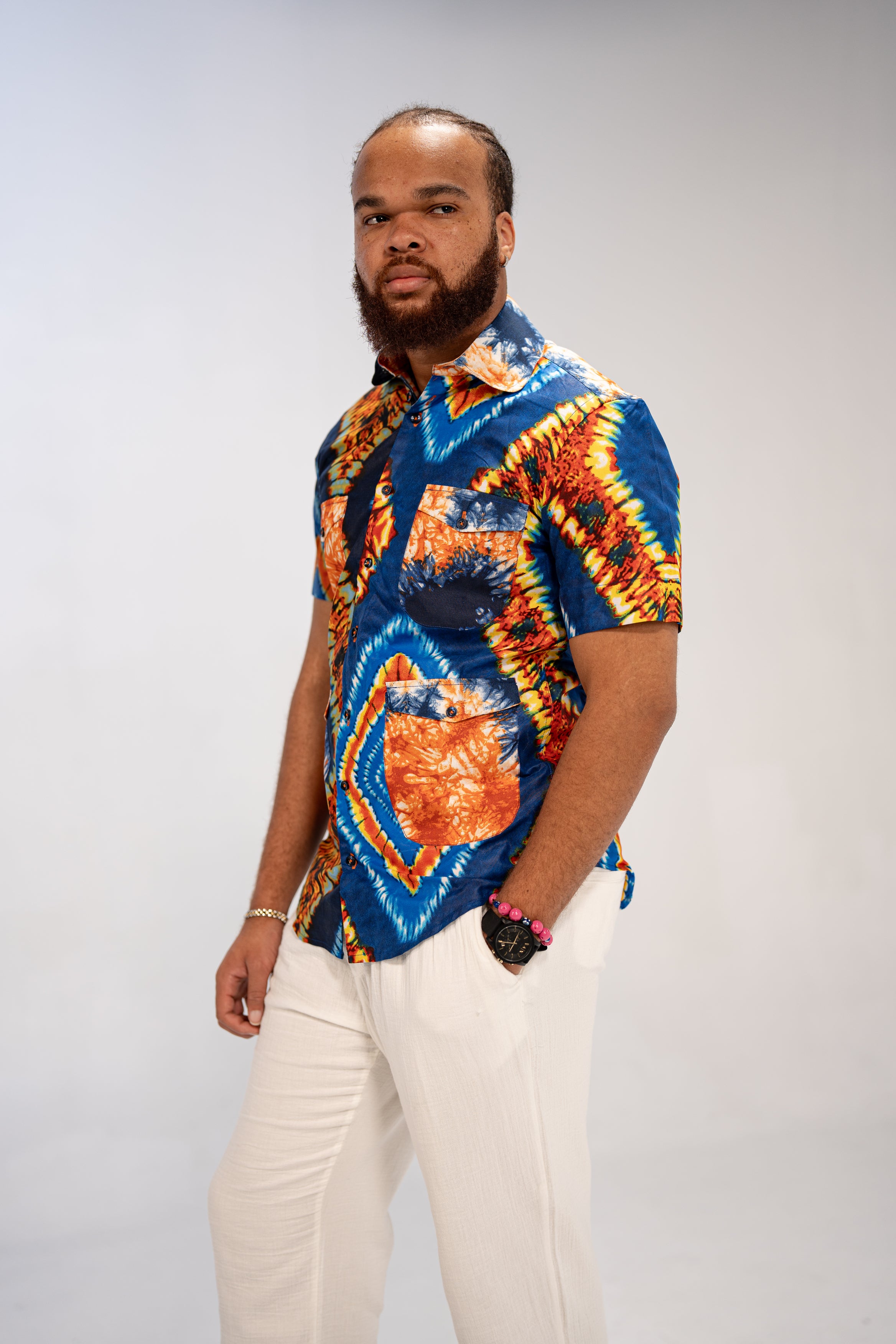 Chike Men's African Print Shirt (Blue Navy Tribal)