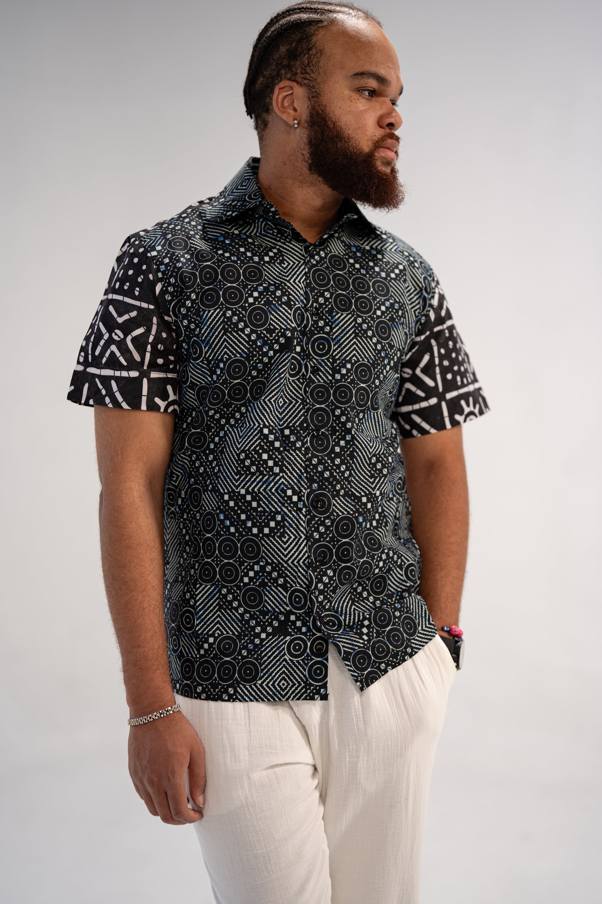Ababio Men's African Print Shirt (Natural Mudcloth)