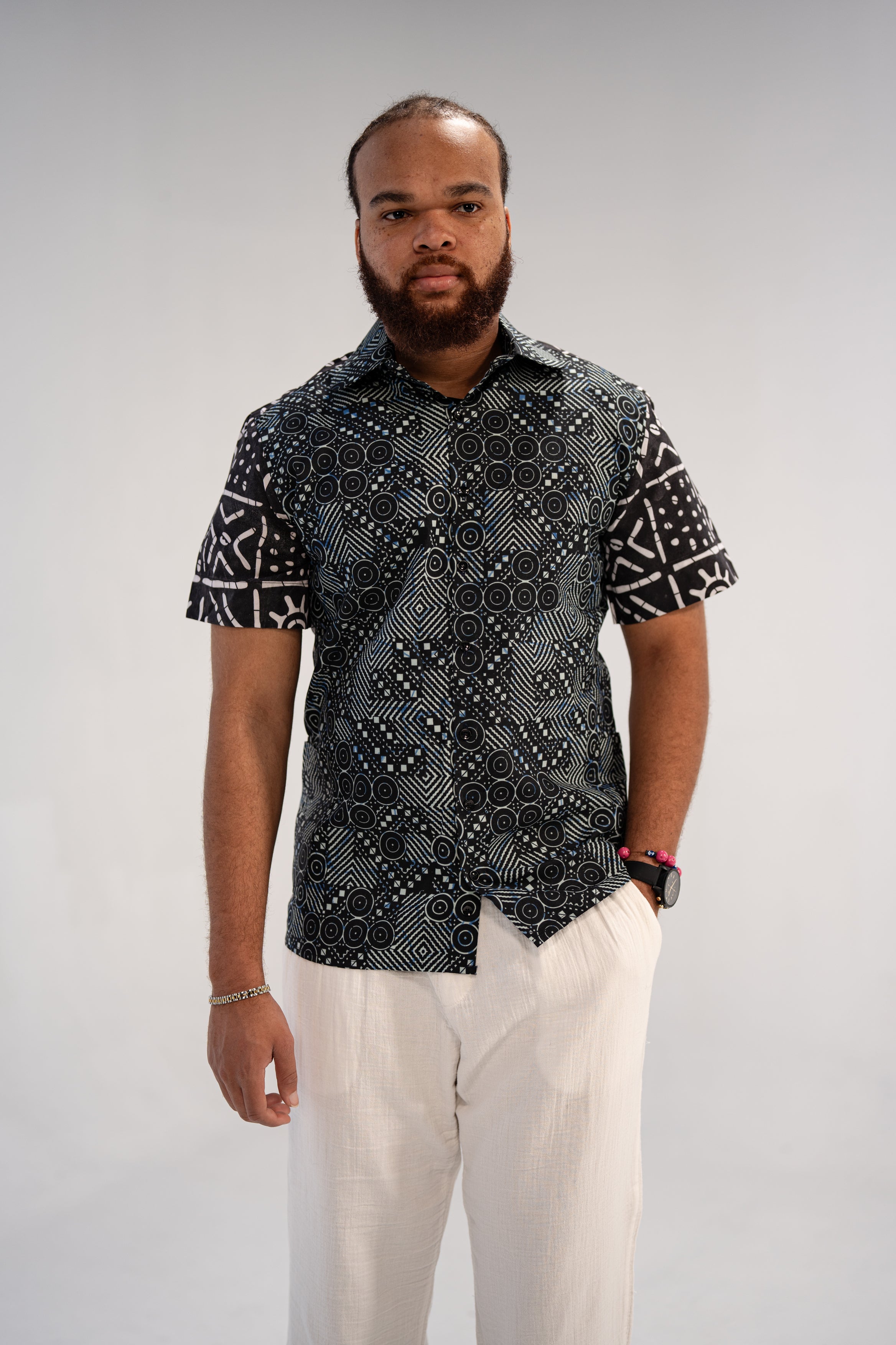 Ababio Men's African Print Shirt (Natural Mudcloth)