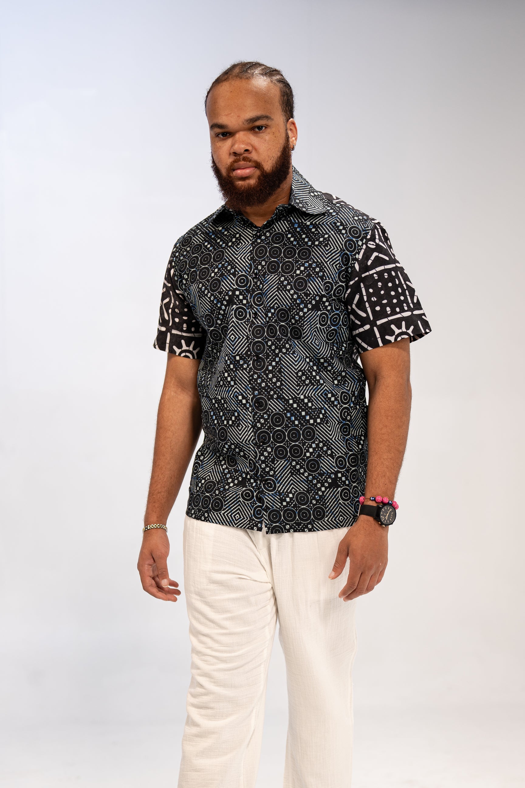 Ababio Men's African Print Shirt (Natural Mudcloth)