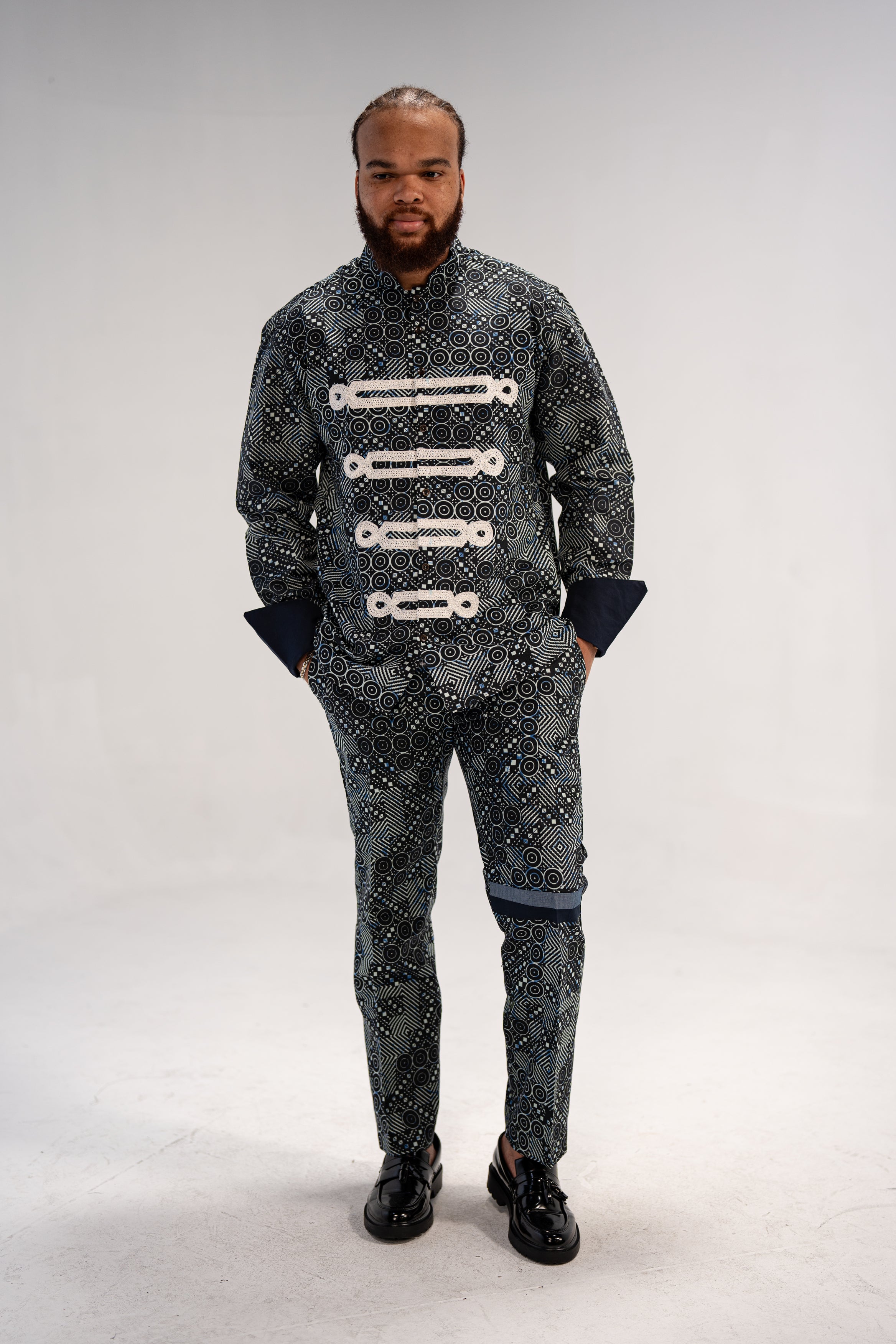 Ezeudo Men's African Print Shirt And Pant Combo (Natural Mudcloth)