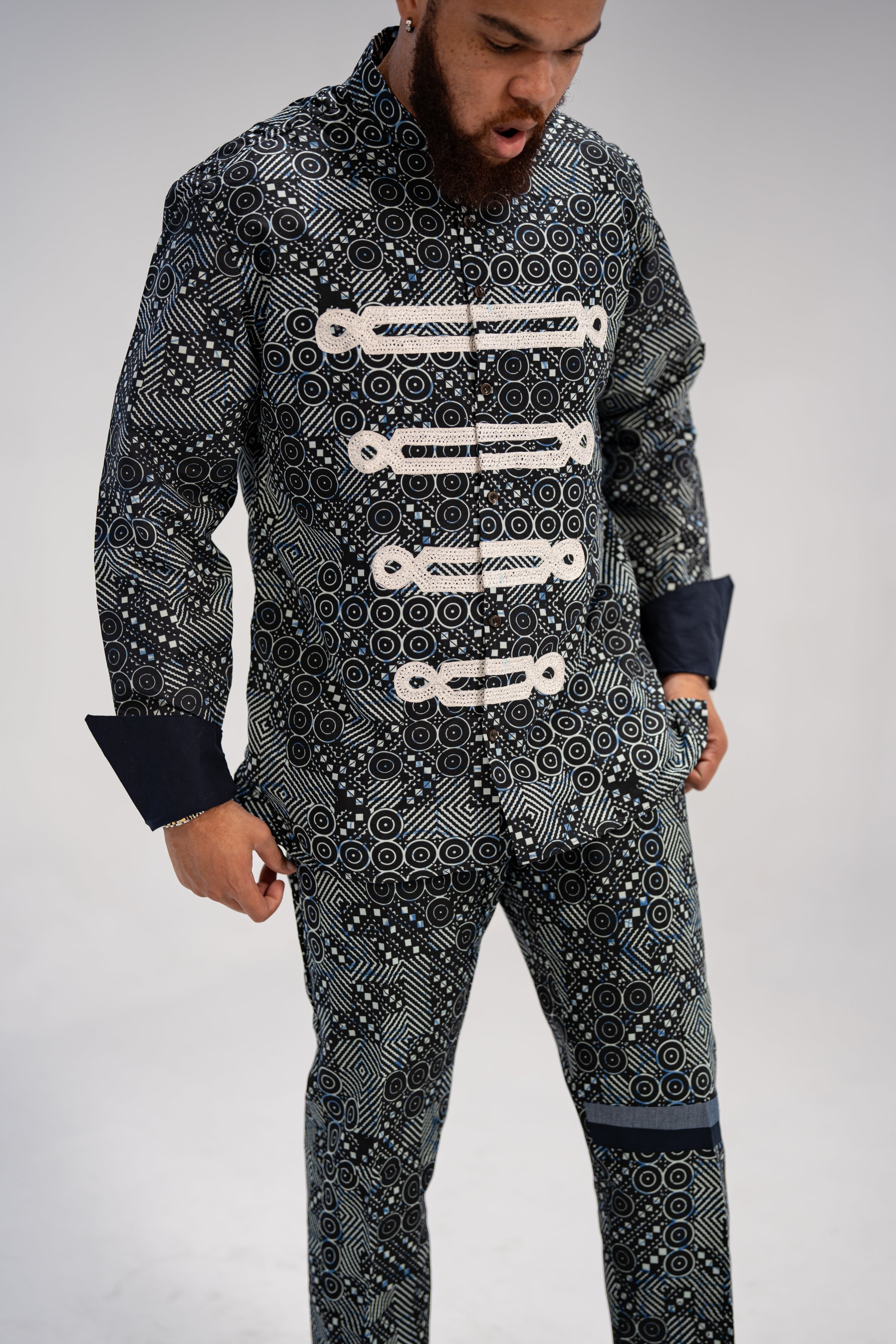 Ezeudo Men's African Print Shirt And Pant Combo (Natural Mudcloth)