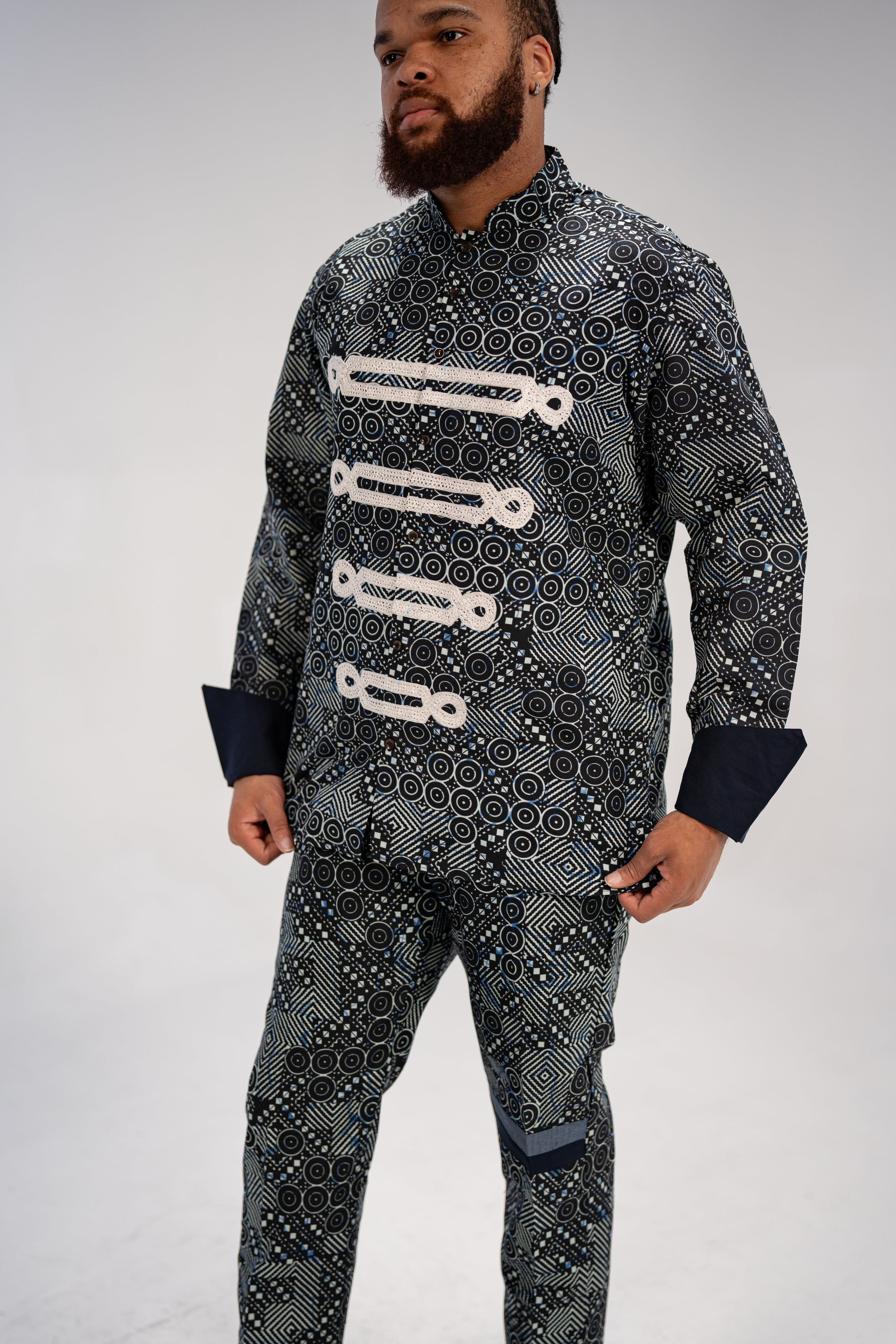 Ezeudo Men's African Print Shirt And Pant Combo (Natural Mudcloth)