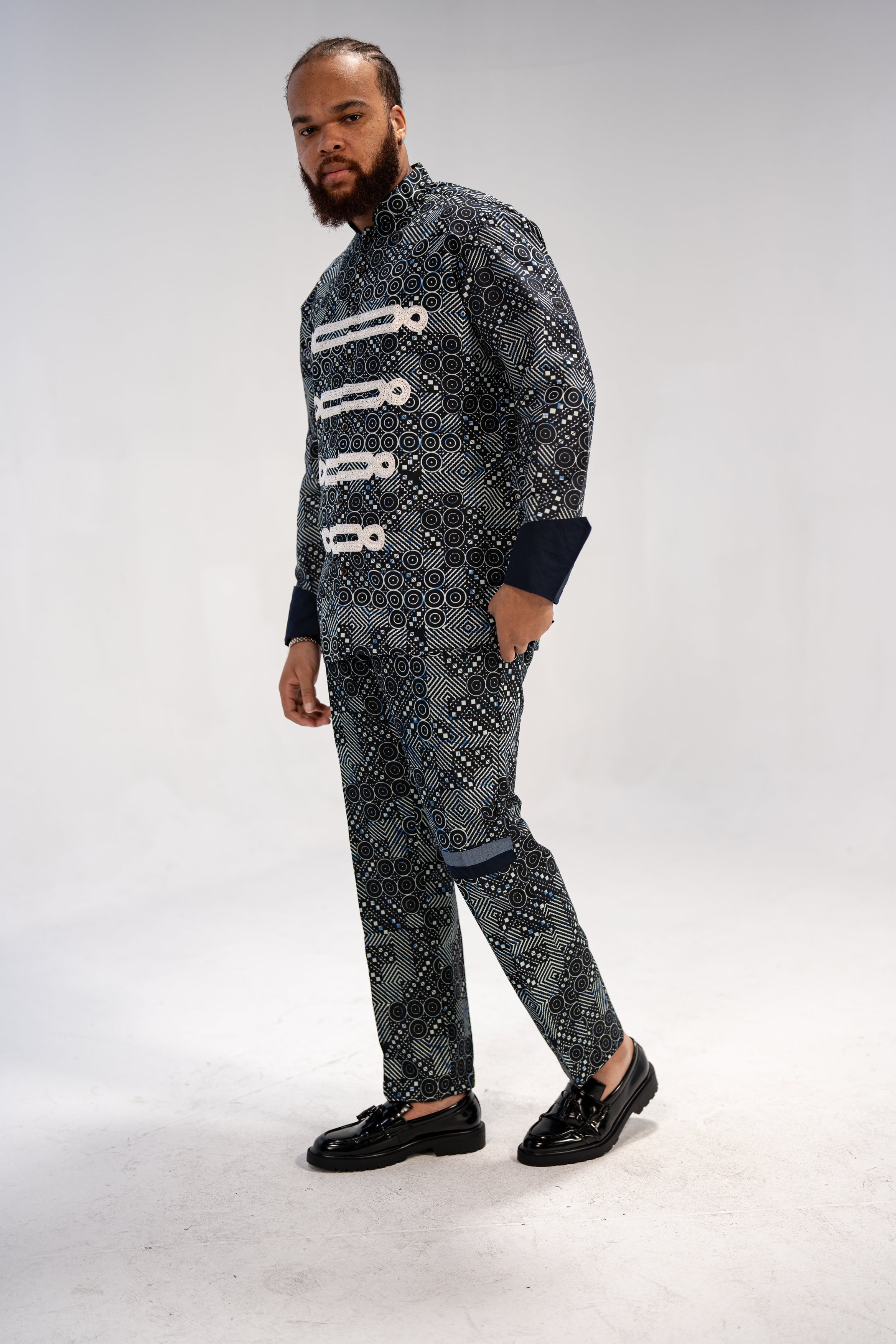 Ezeudo Men's African Print Shirt And Pant Combo (Natural Mudcloth)