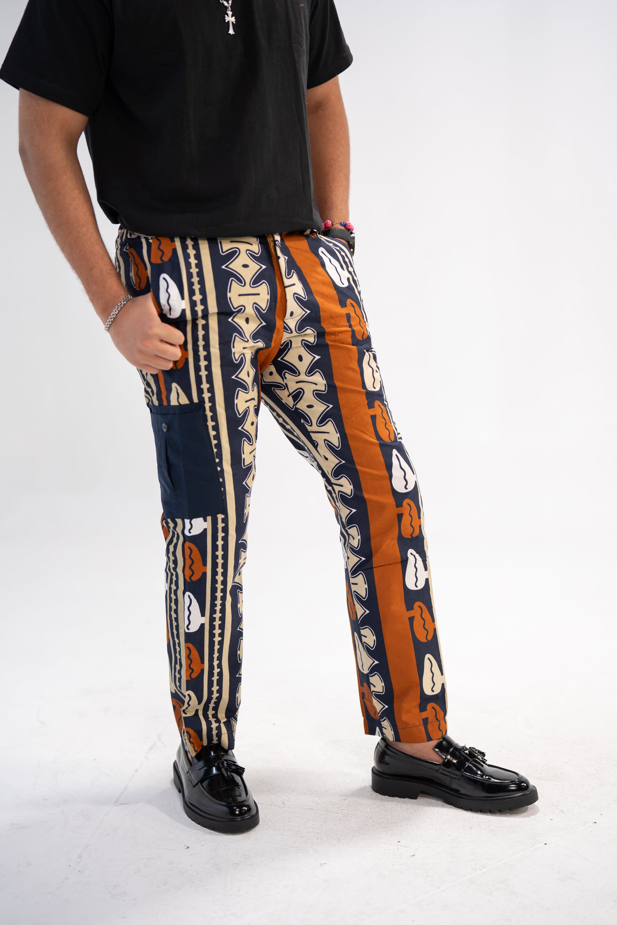 Amadi Men's African Print Trousers (Brown Navy Abstract)