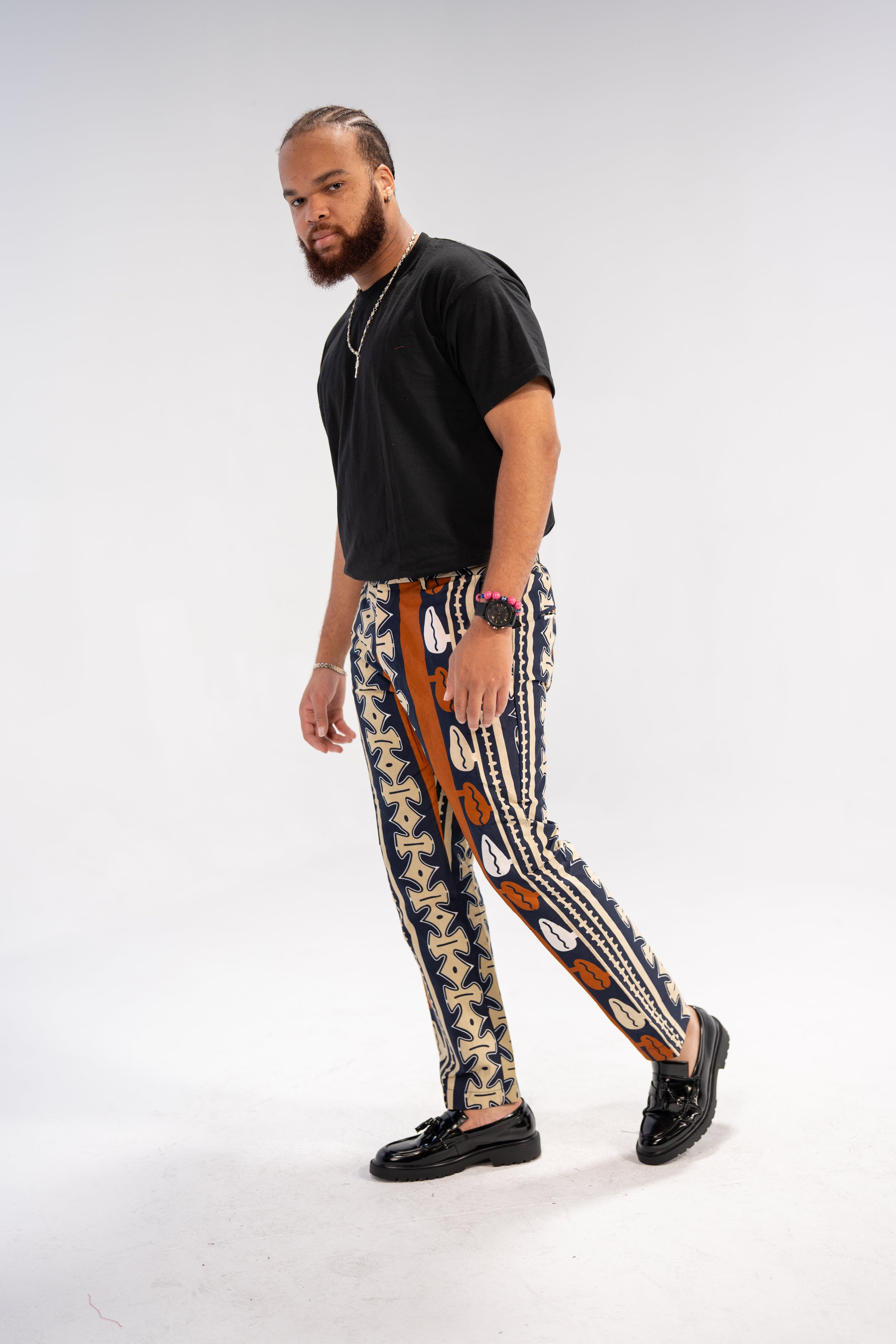 Amadi Men's African Print Trousers (Brown Navy Abstract)