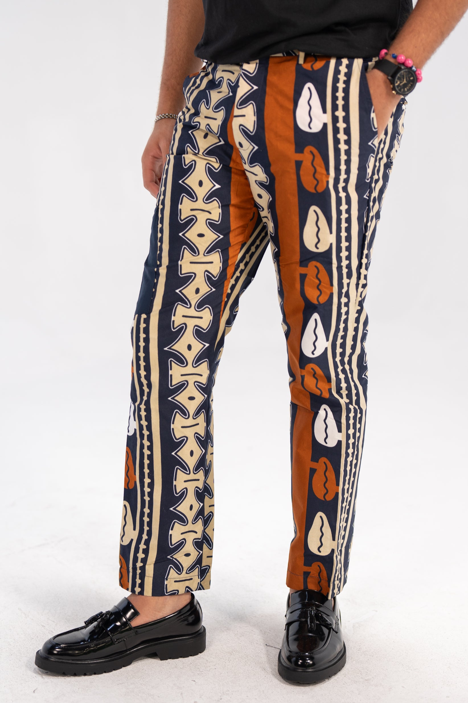 Amadi Men's African Print Trousers (Brown Navy Abstract)