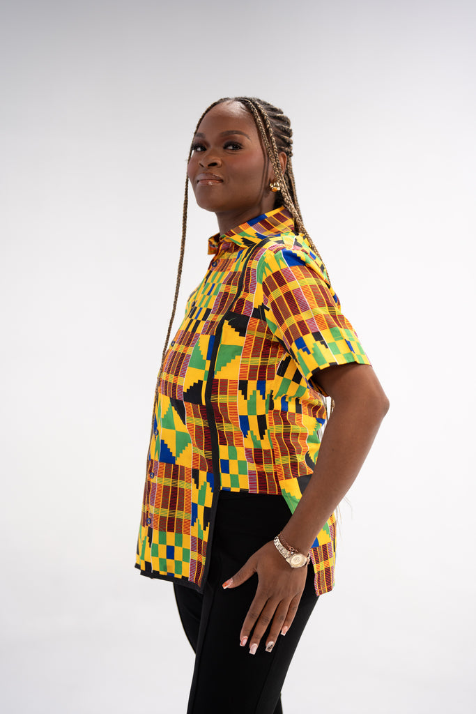 Ezinne Women's African Print Top (Yellow Green Kente)
