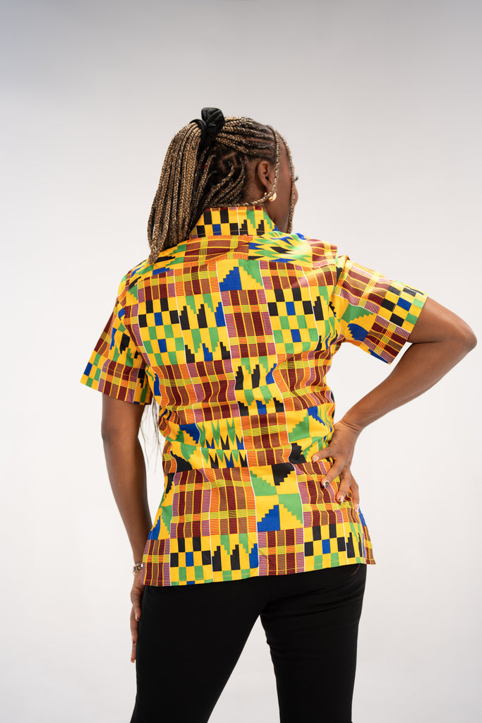 Ezinne Women's African Print Top (Yellow Green Kente)
