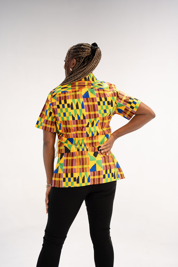 Ezinne Women's African Print Top (Yellow Green Kente)