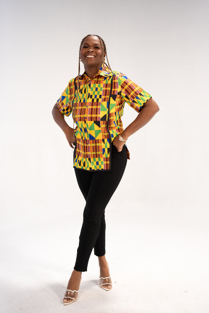 Ezinne Women's African Print Top (Yellow Green Kente)