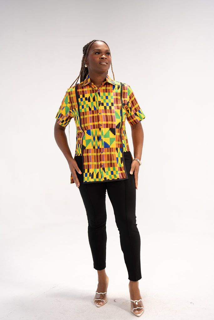 Ezinne Women's African Print Top (Yellow Green Kente)