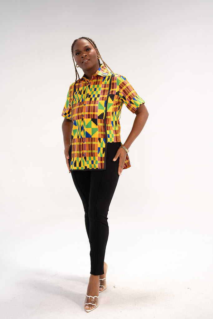 Ezinne Women's African Print Top (Yellow Green Kente)