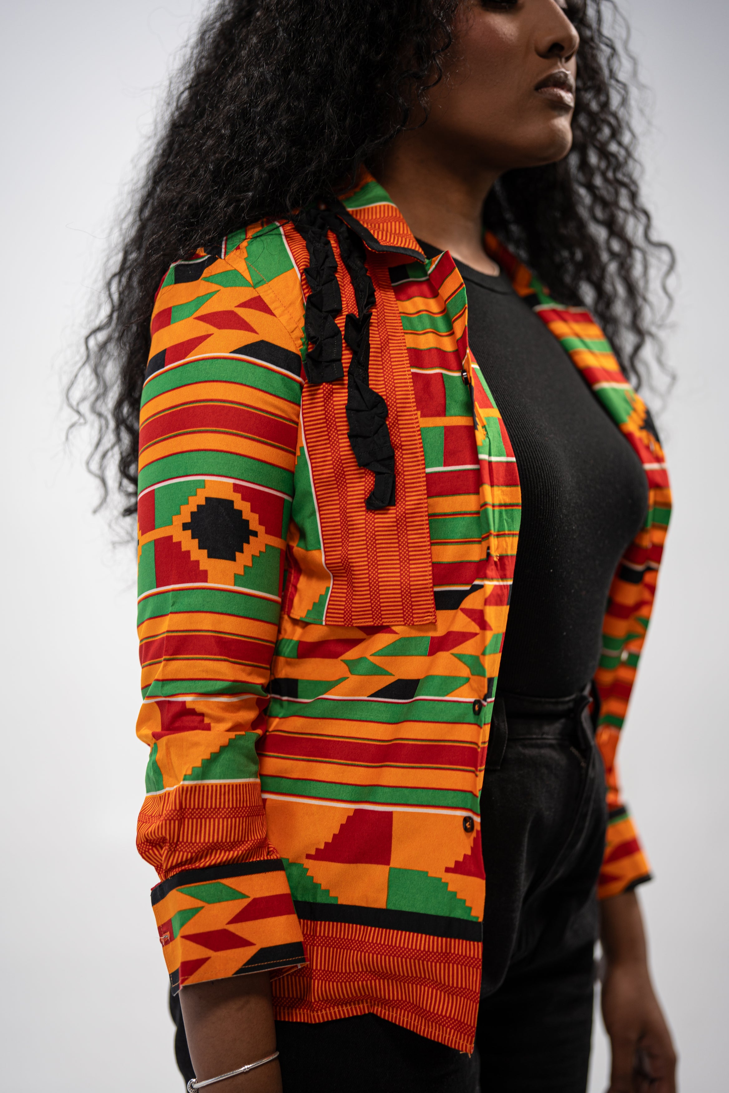 Ginika Women's African Print Jacket (Yellow Green Kente)