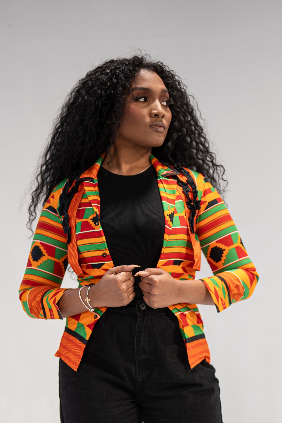 Ginika Women's African Print Jacket (Yellow Green Kente)