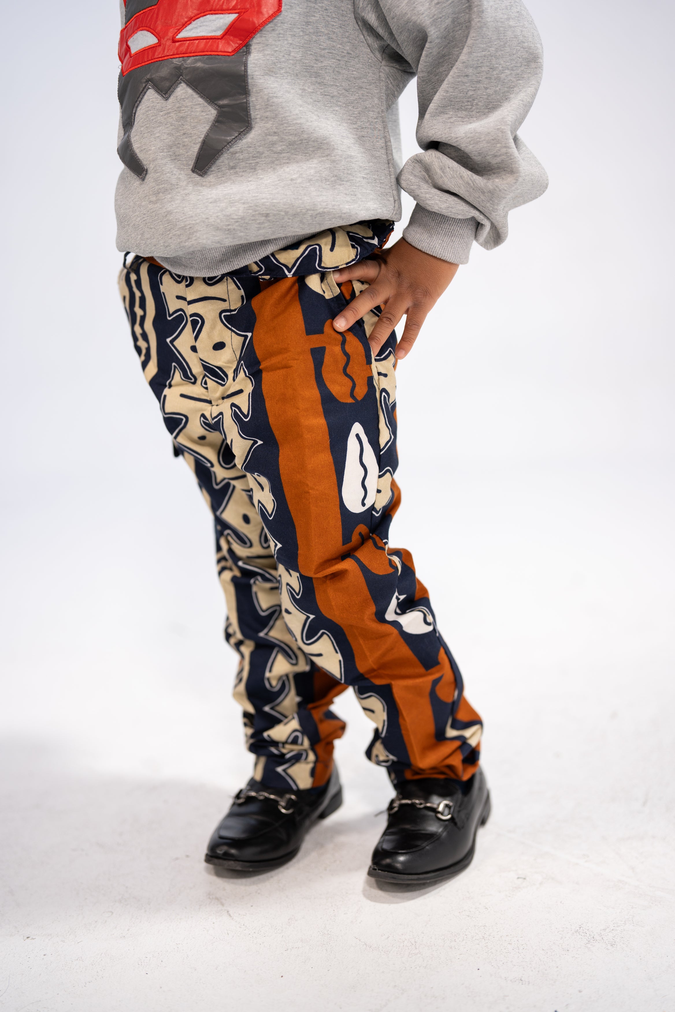 Tolani Kid's African Print Trousers (Brown Navy Abstract)