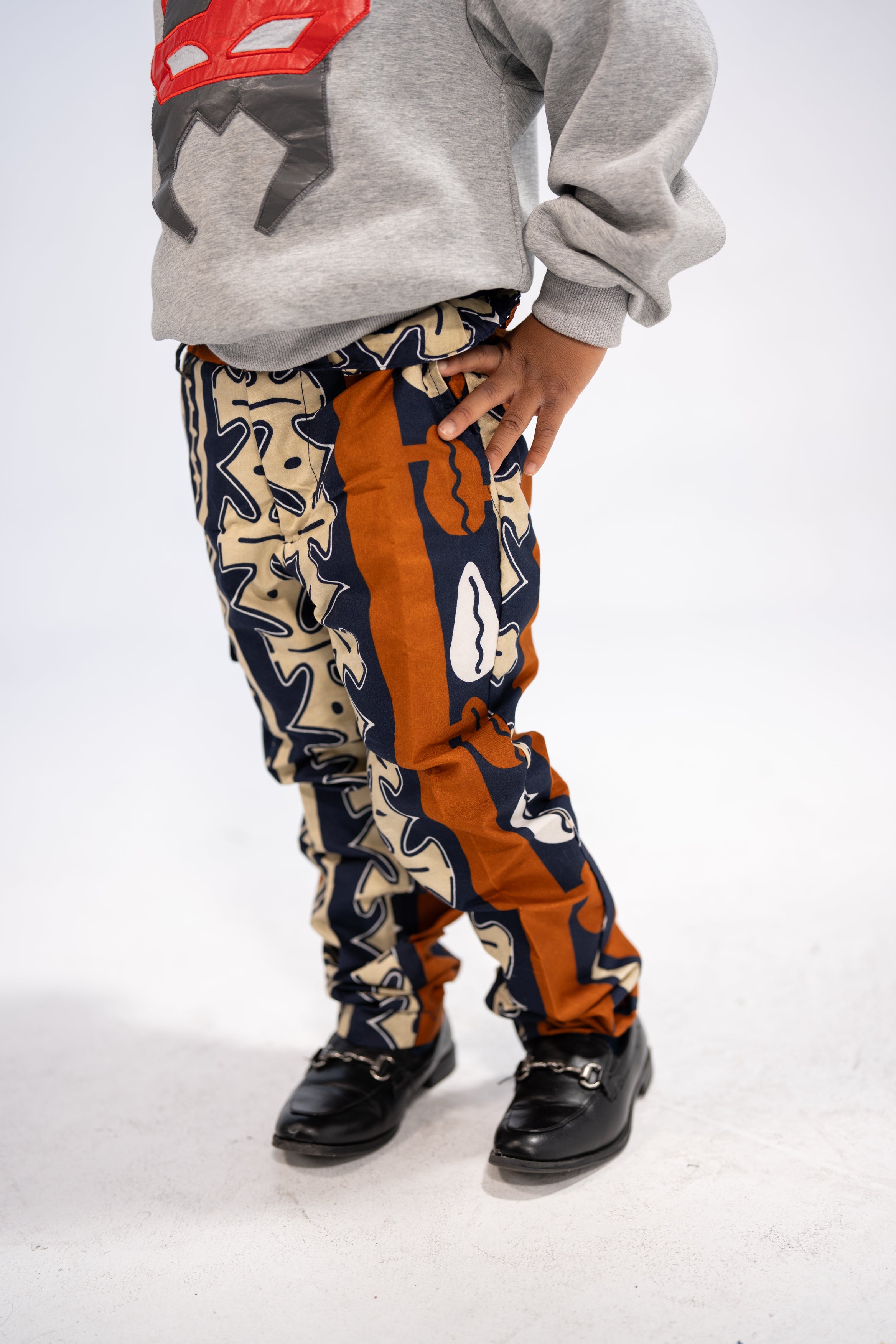 Tolani Kid's African Print Trousers (Brown Navy Abstract)