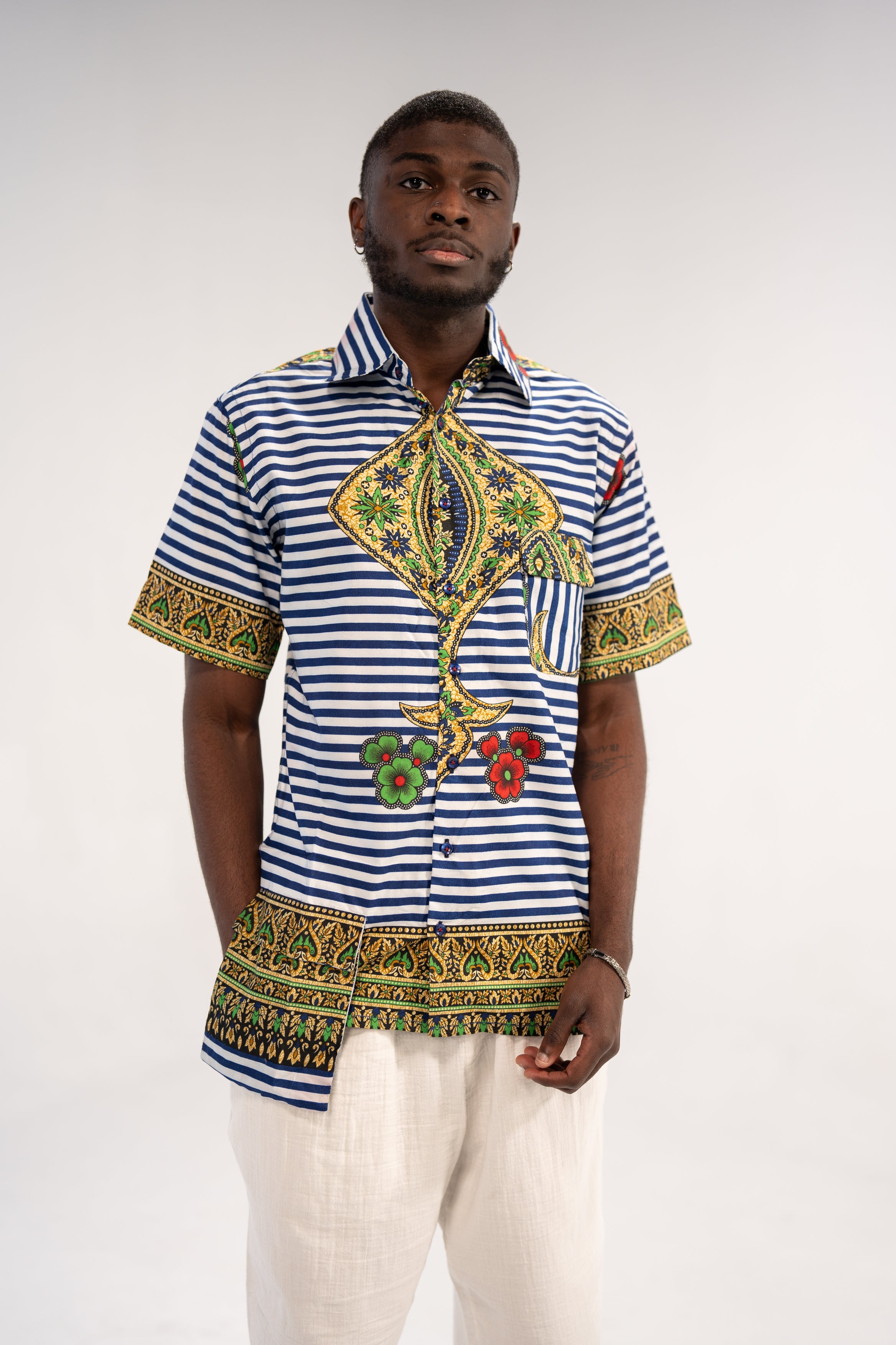 Amadi Men's African Print Shirt (Blue Paisley Tribal)