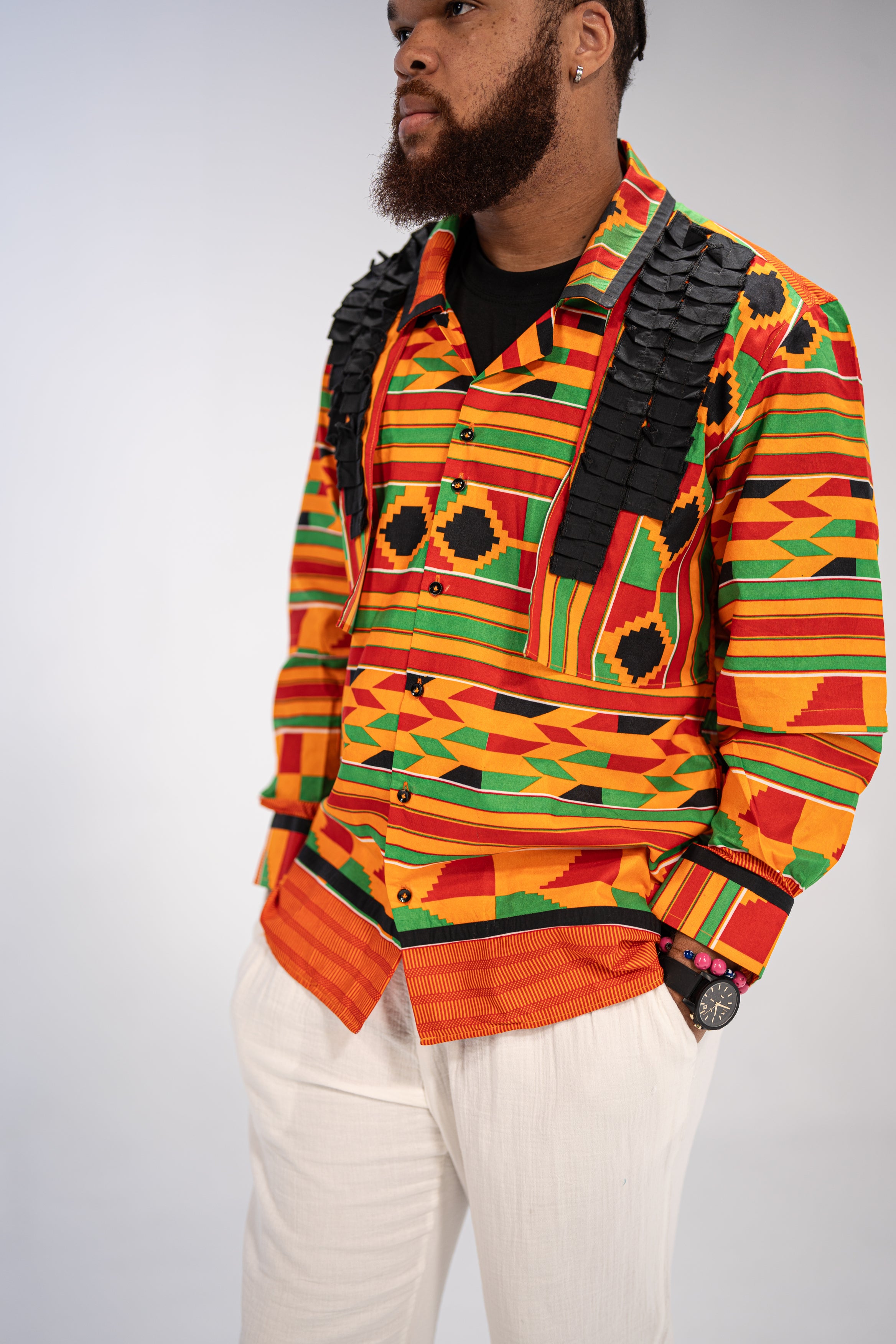 Amobi Men’s African Print Shirt (Yellow Black Green Kante)