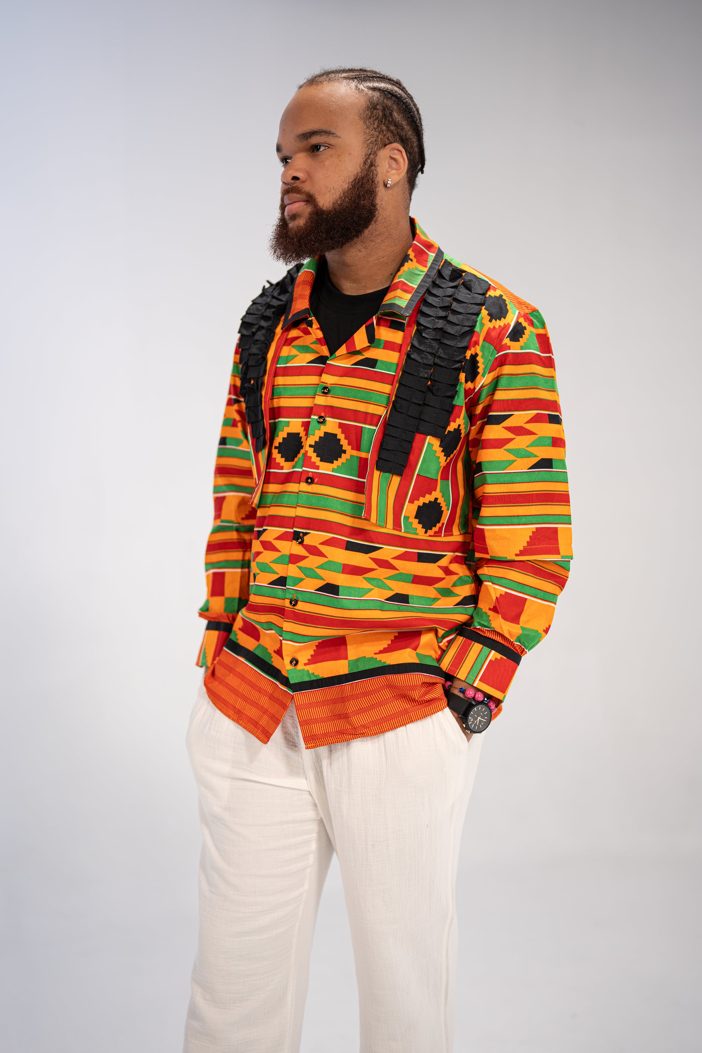 Amobi Men’s African Print Shirt (Yellow Black Green Kante)