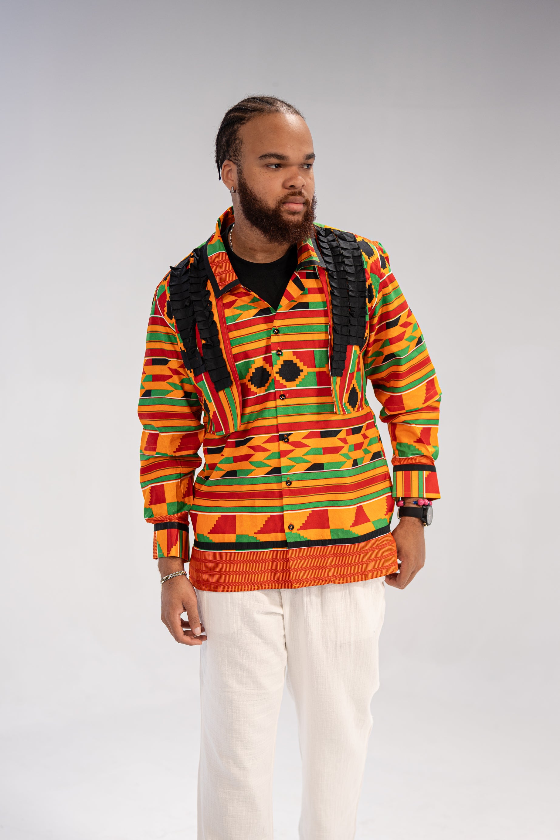 Amobi Men’s African Print Shirt (Yellow Black Green Kante)