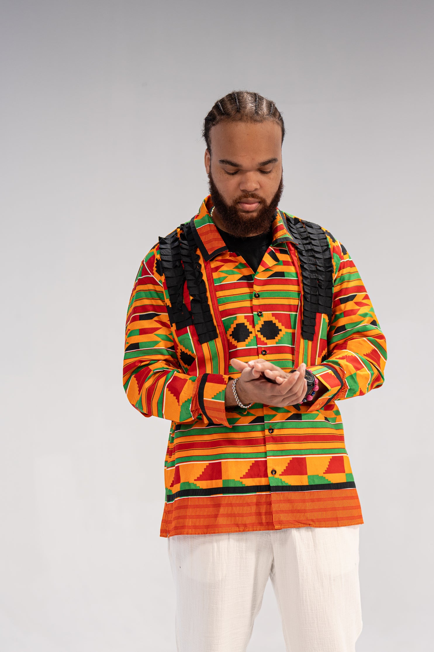 Amobi Men’s African Print Shirt (Yellow Black Green Kante)