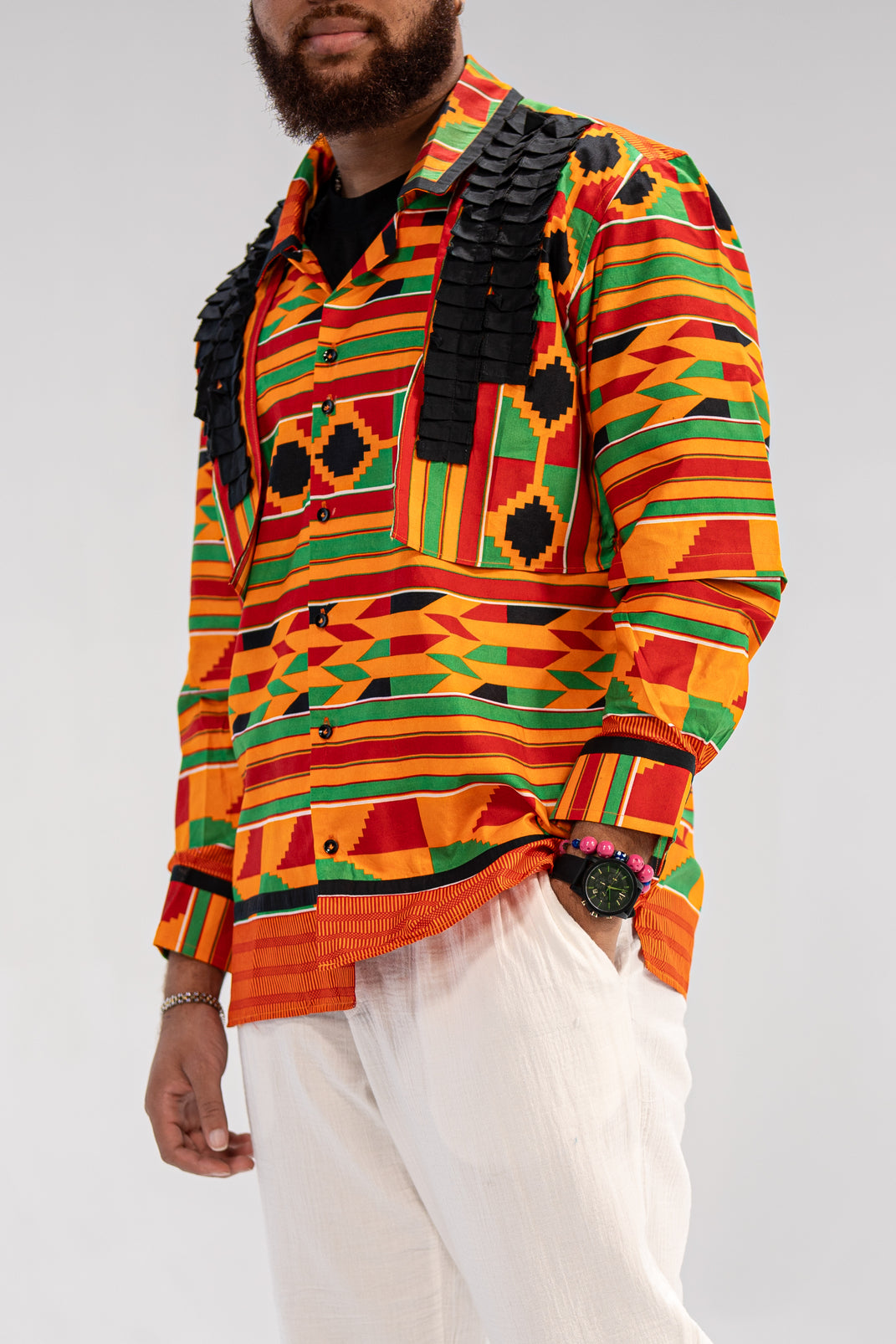 Amobi Men’s African Print Shirt (Yellow Black Green Kante)