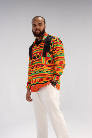 Amobi and Ginika Men’s African Print Shirt (Yellow Black Green Kante)-Family Collection