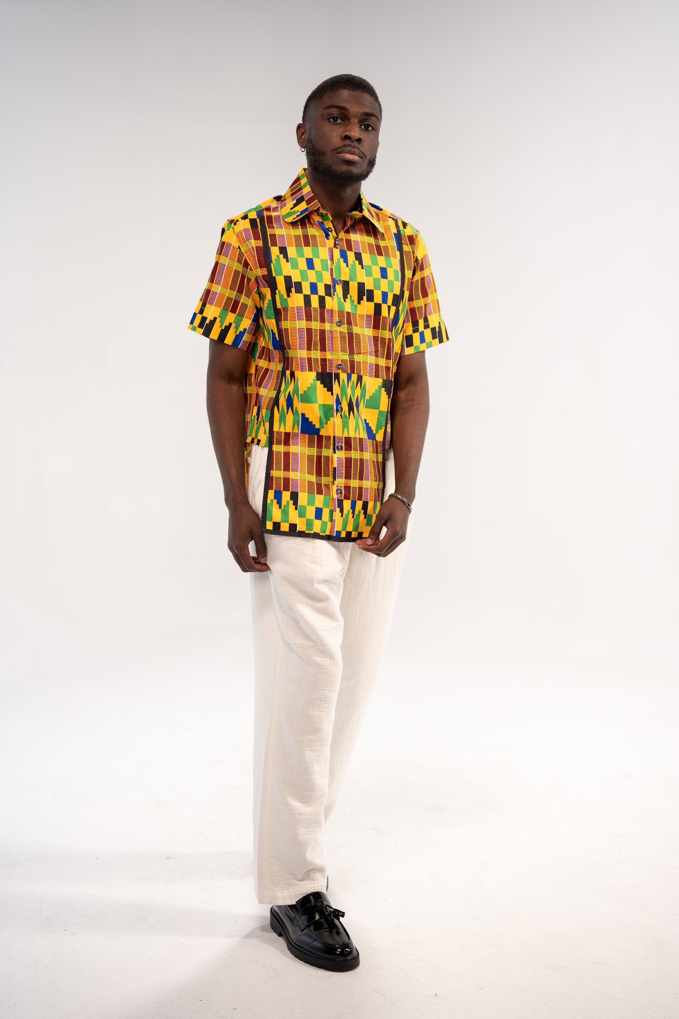 Ezenwa Men's African Print Shirt (Yellow Green Kente)