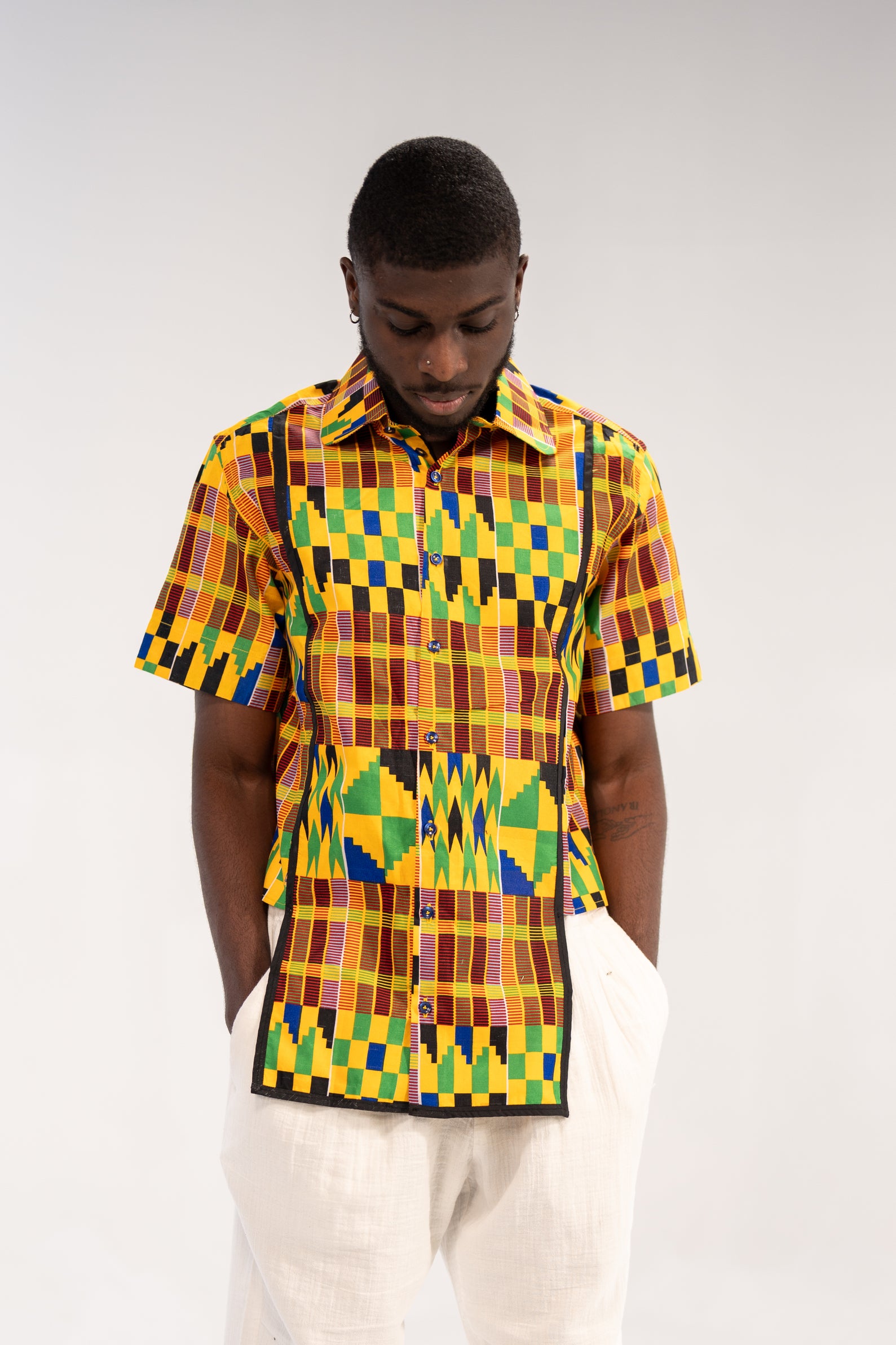 Ezenwa Men's African Print Shirt (Yellow Green Kente)