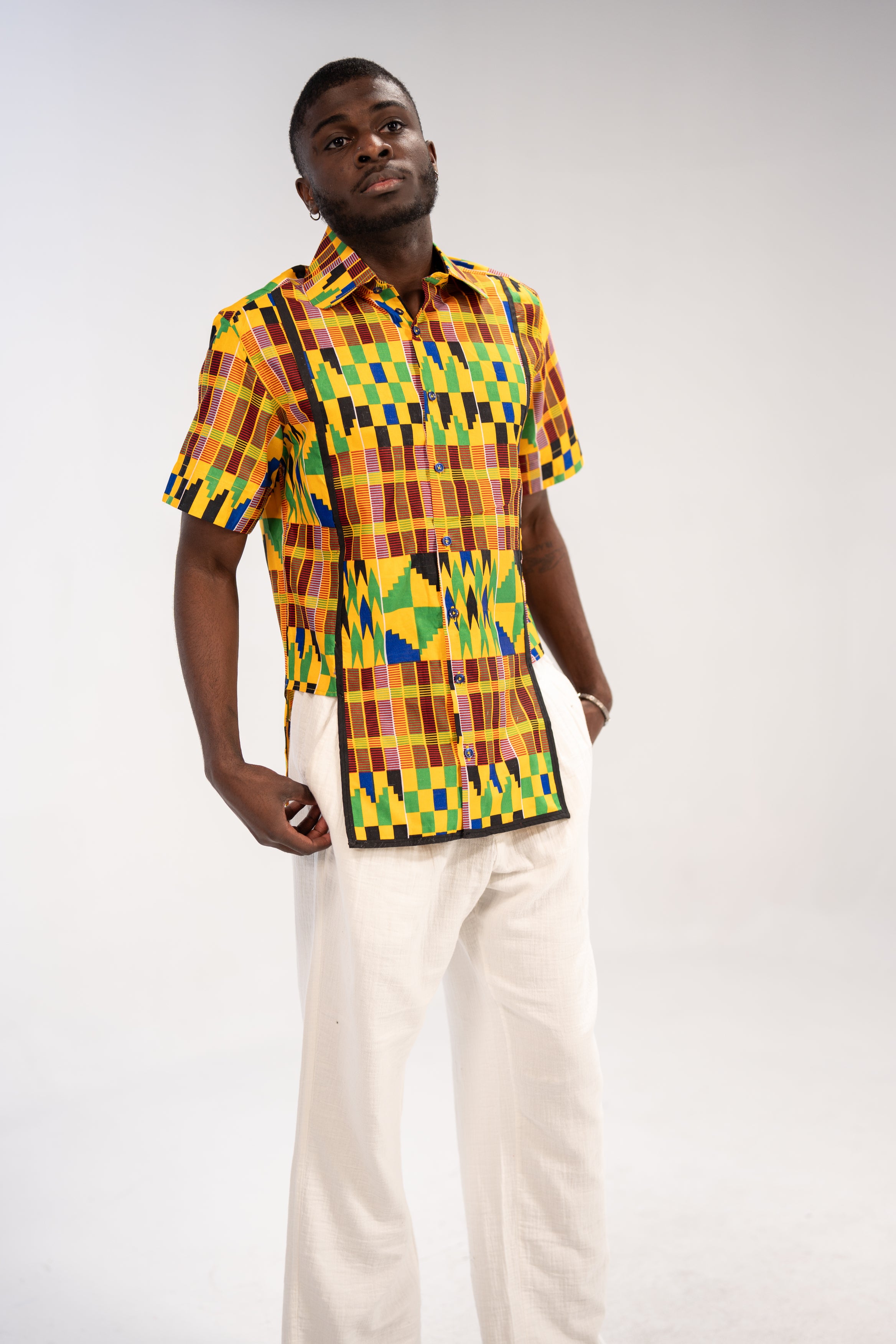 Ezenwa Men's African Print Shirt (Yellow Green Kente)