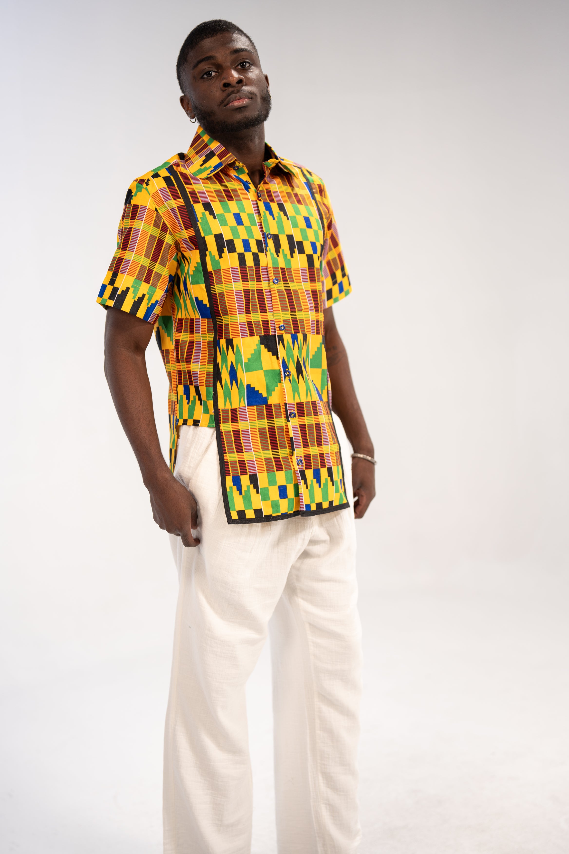 Ezenwa Men's African Print Shirt (Yellow Green Kente)