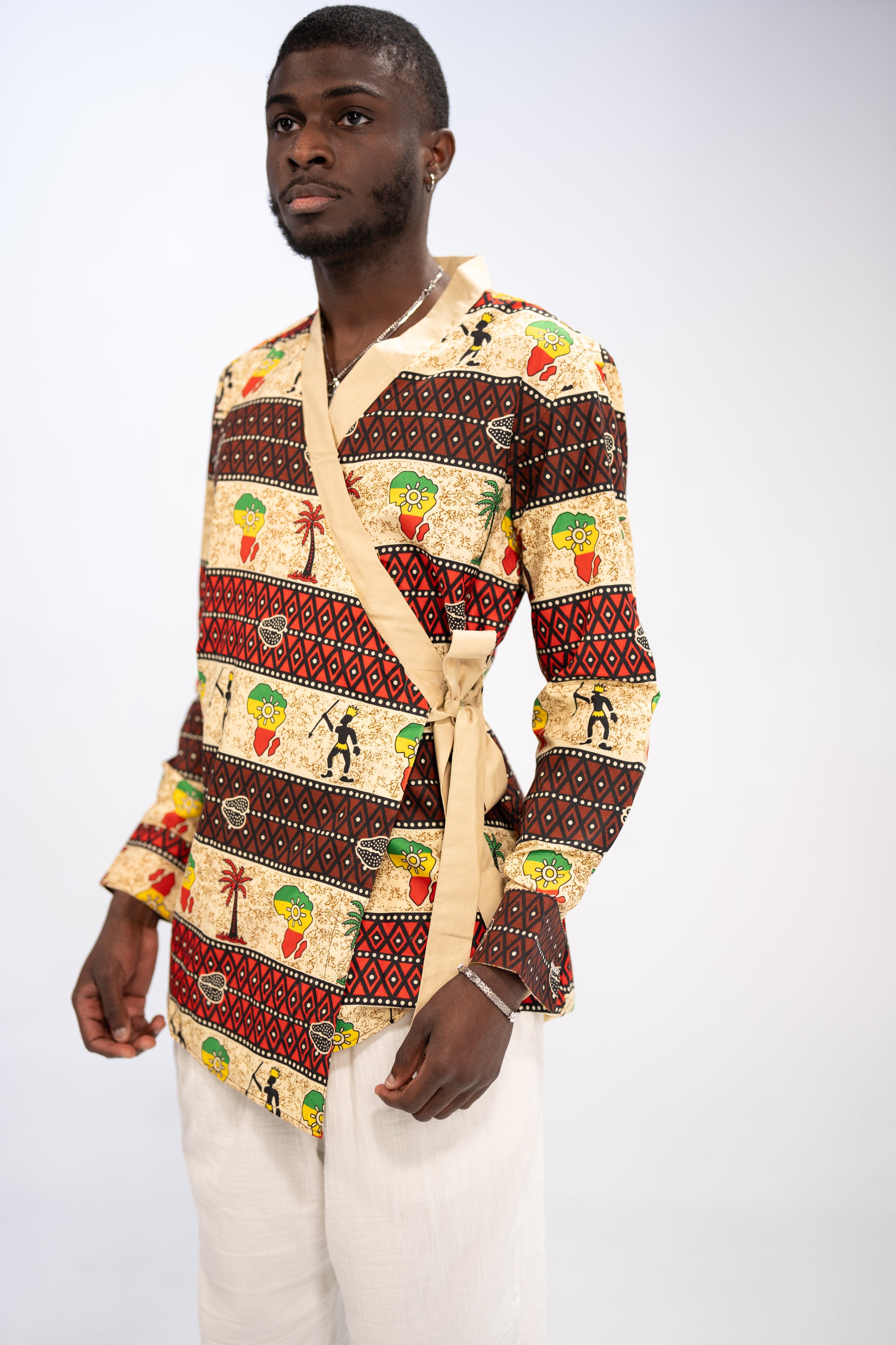 Chike Men's African Print Side Wrap Shirt (Multipattern Tribal)