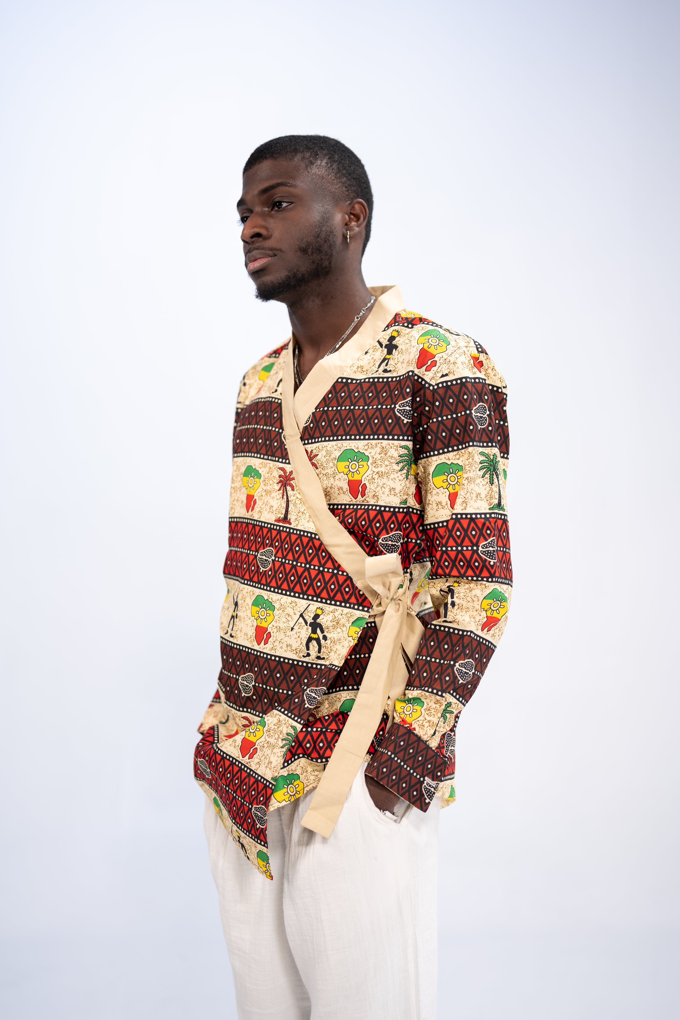Chike Men's African Print Side Wrap Shirt (Multipattern Tribal)