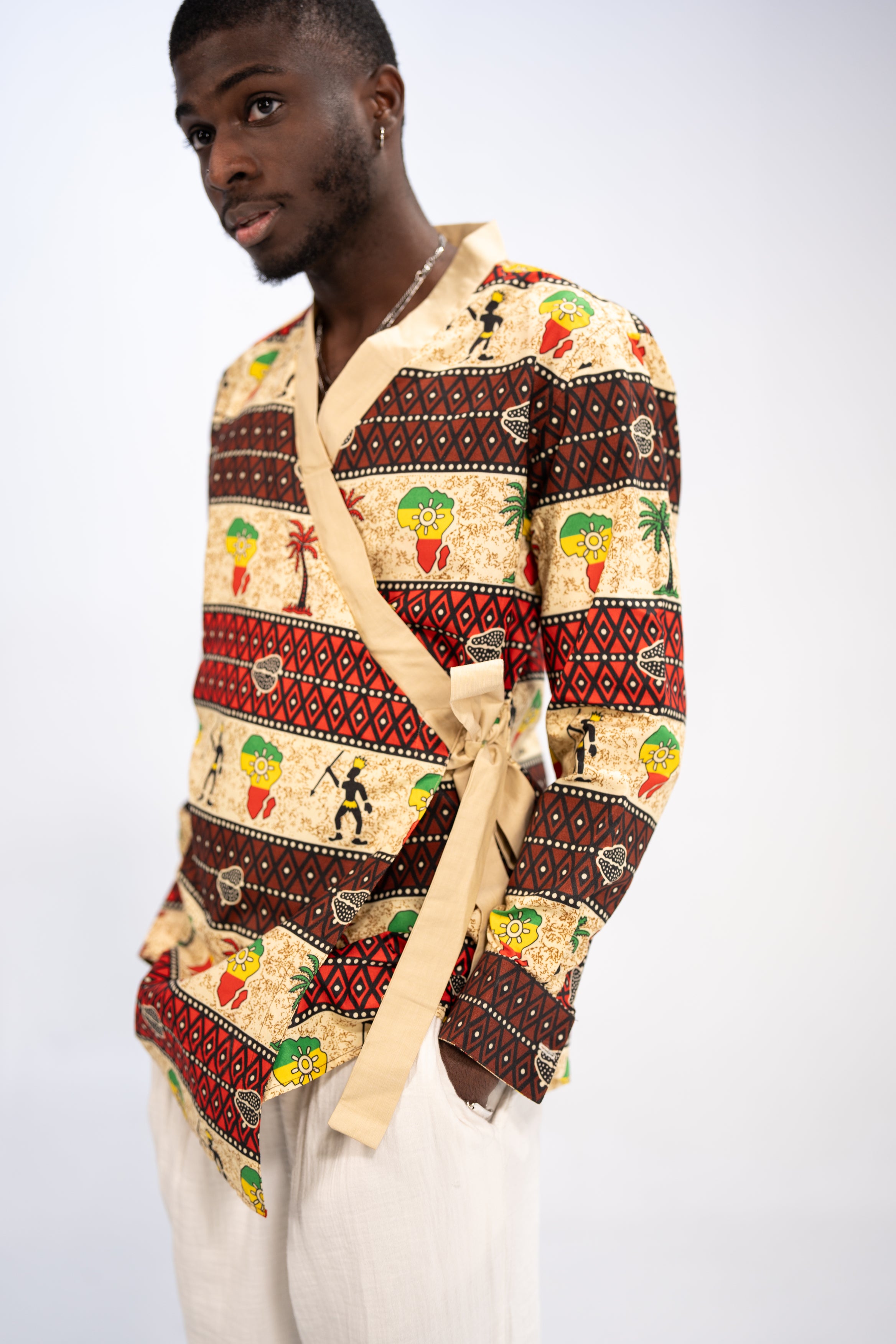 Chike Men's African Print Side Wrap Shirt (Multipattern Tribal)