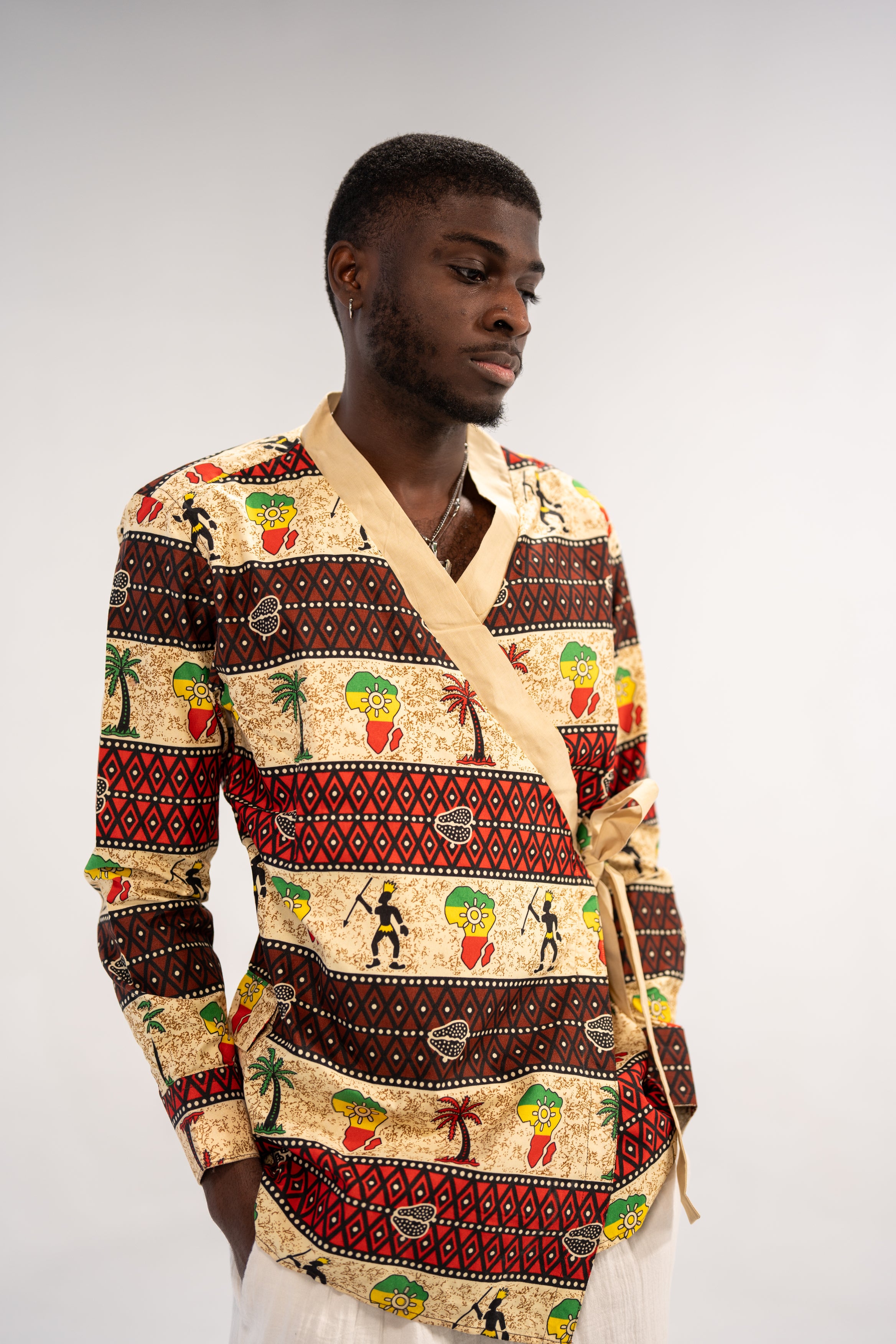 Chike Men's African Print Side Wrap Shirt (Multipattern Tribal)