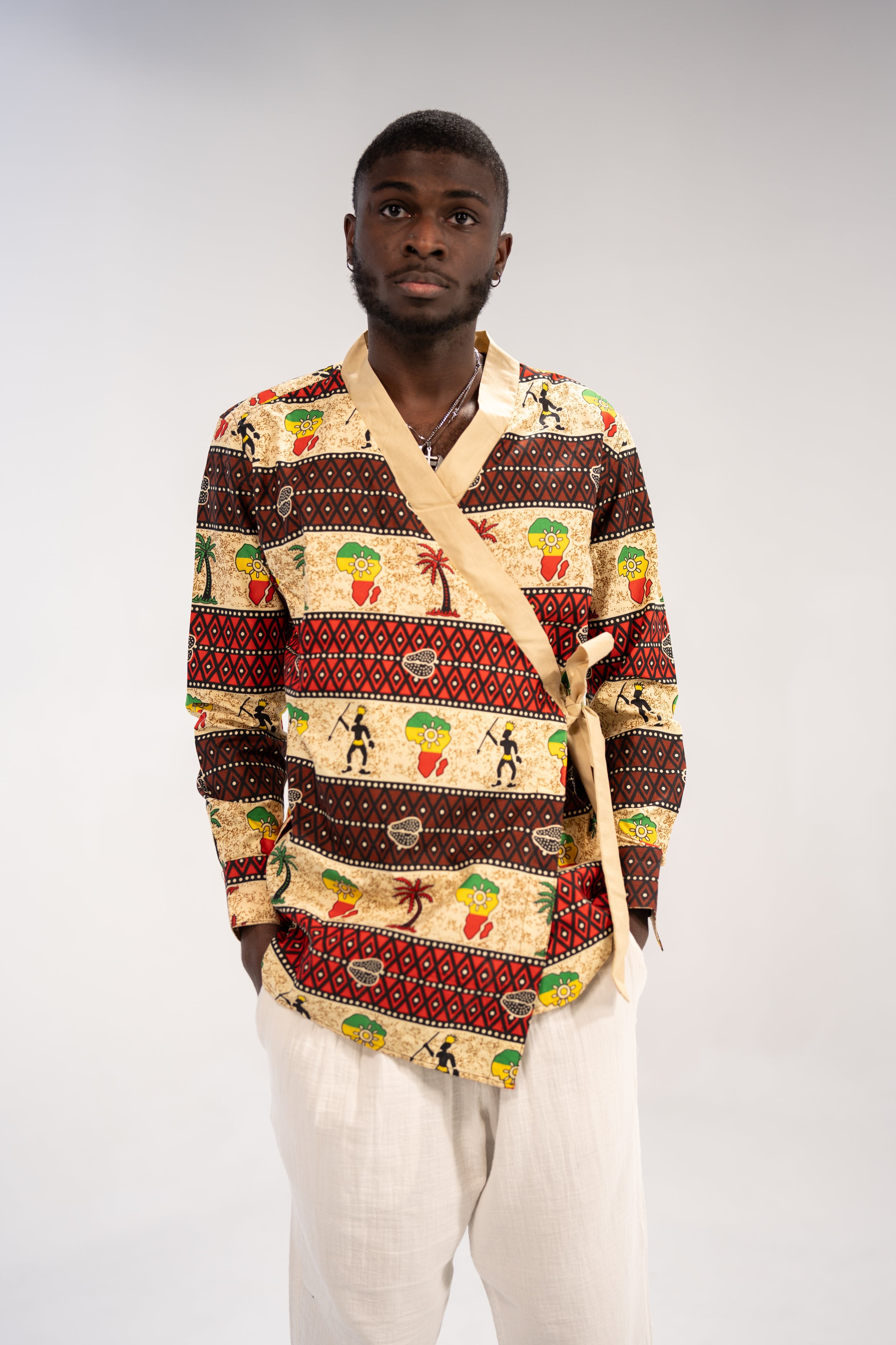Chike Men's African Print Side Wrap Shirt (Multipattern Tribal)