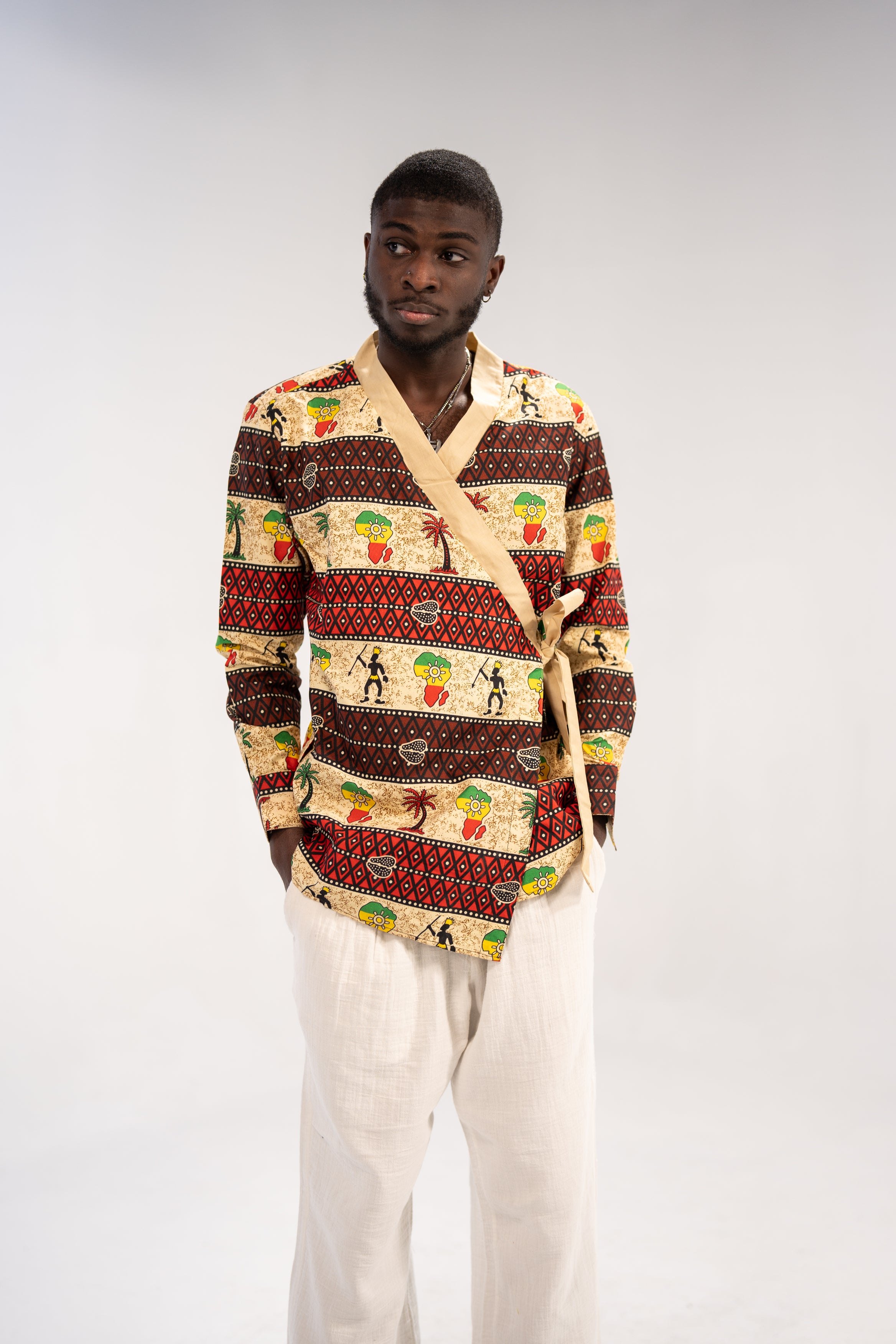 Chike Men's African Print Side Wrap Shirt (Multipattern Tribal)