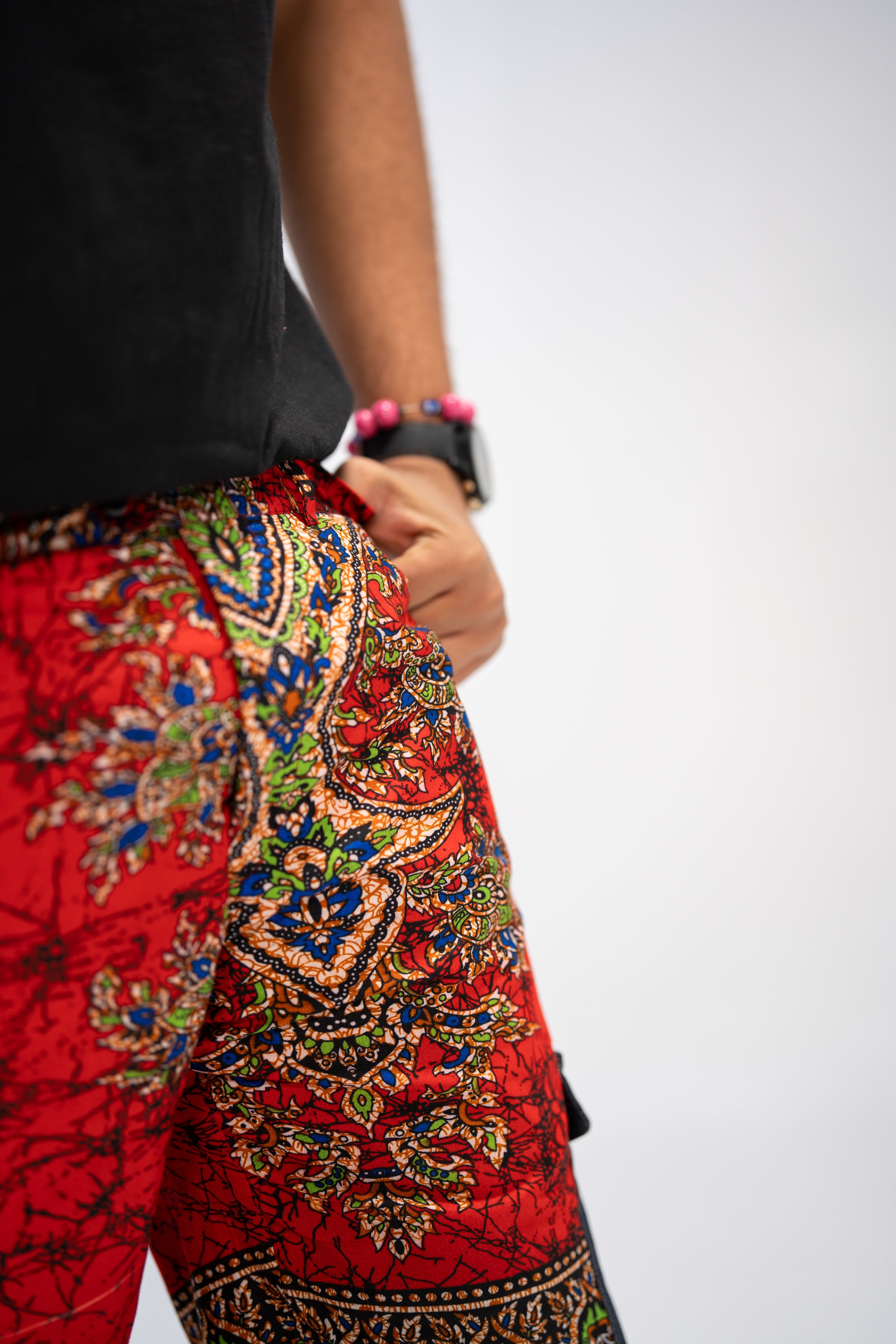 Hakim Men's African Print Shorts (Red Paisley Denim)